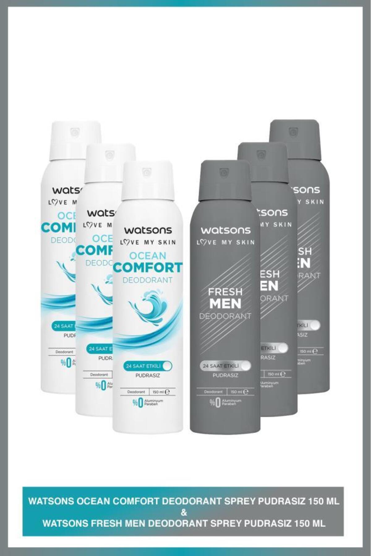 Watsons Ocean Comfort Pudrasız Deodorant Sprey 150 ml X 3 Fresh Men Pudrasız Deodorant Sprey 150 ml X 3