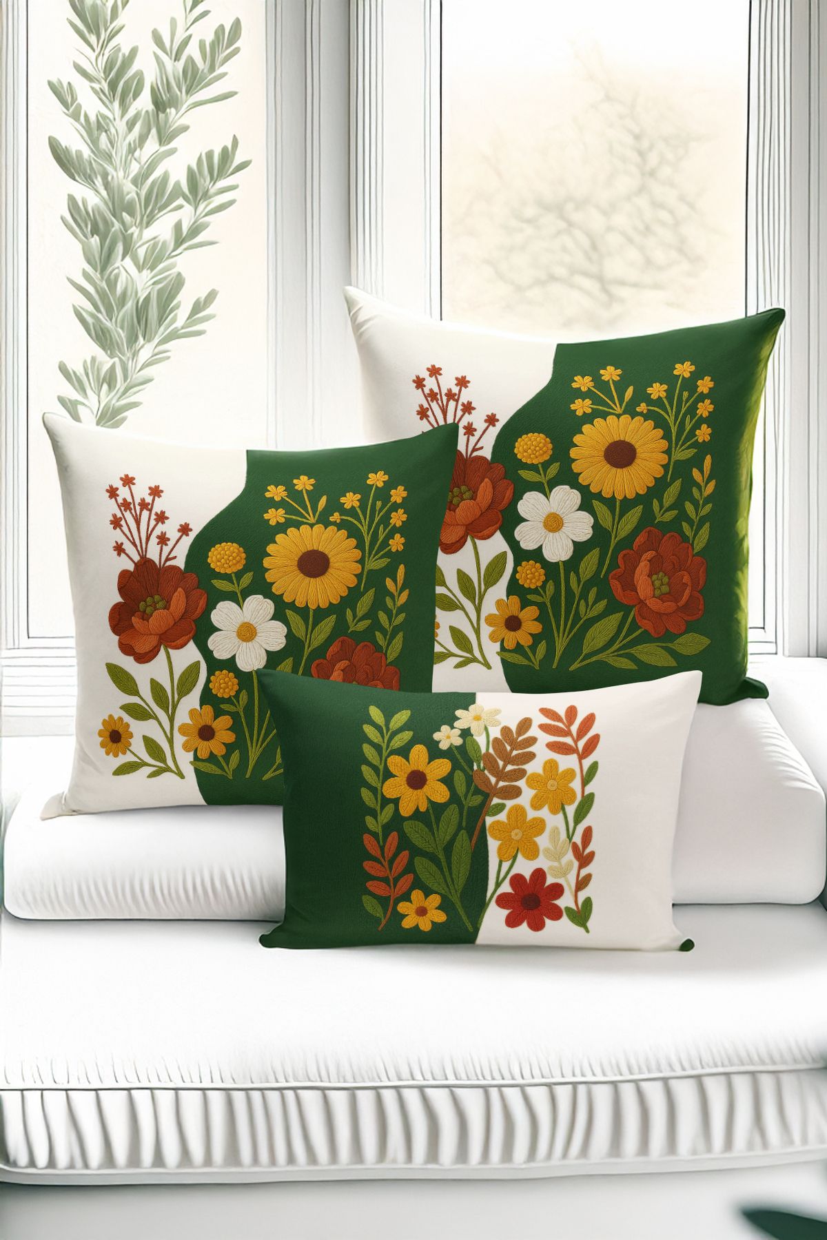 Bertille Home-Set de 3 huse de pernă cu imprimare digitală pe două părți (aspect de broderie cu model de puncție) 1