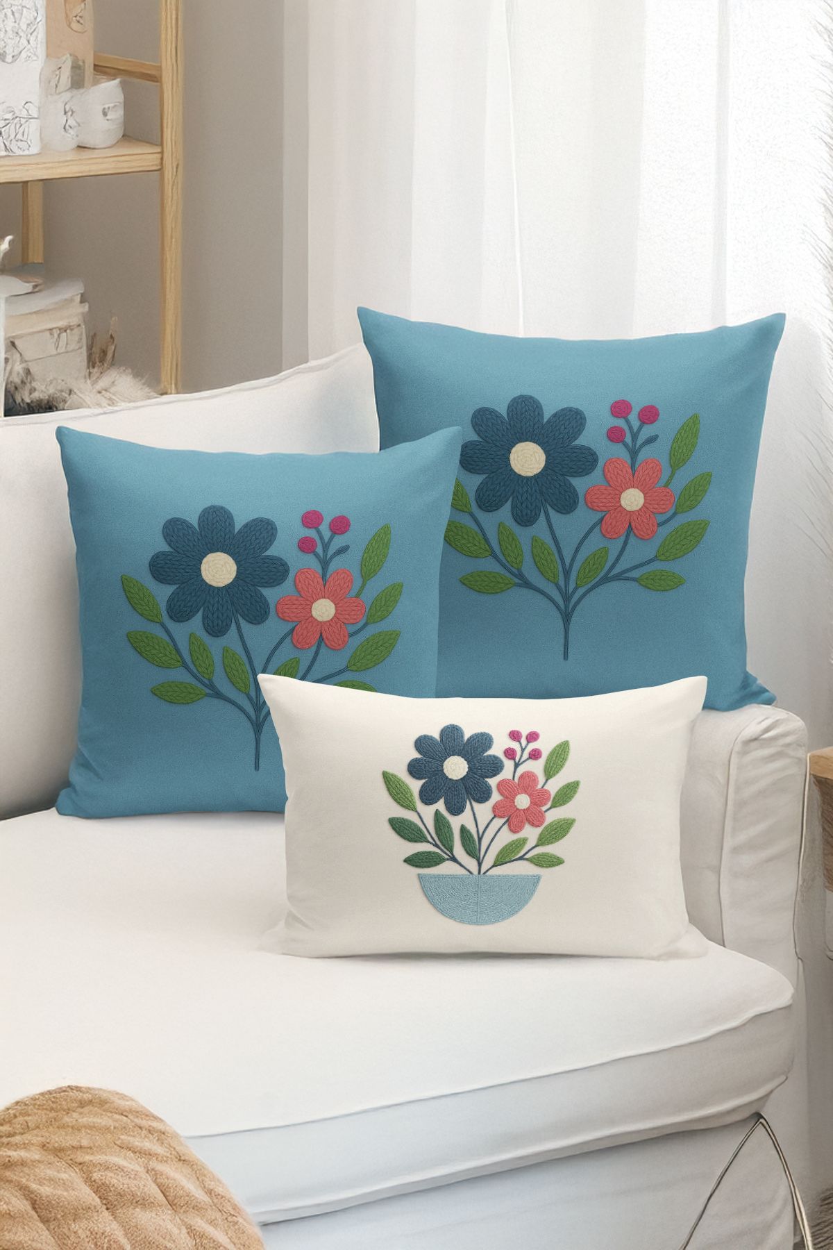 Bertille Home-Set de 3 huse de pernă cu imprimare digitală pe două părți (aspect de broderie cu model de puncție) 1