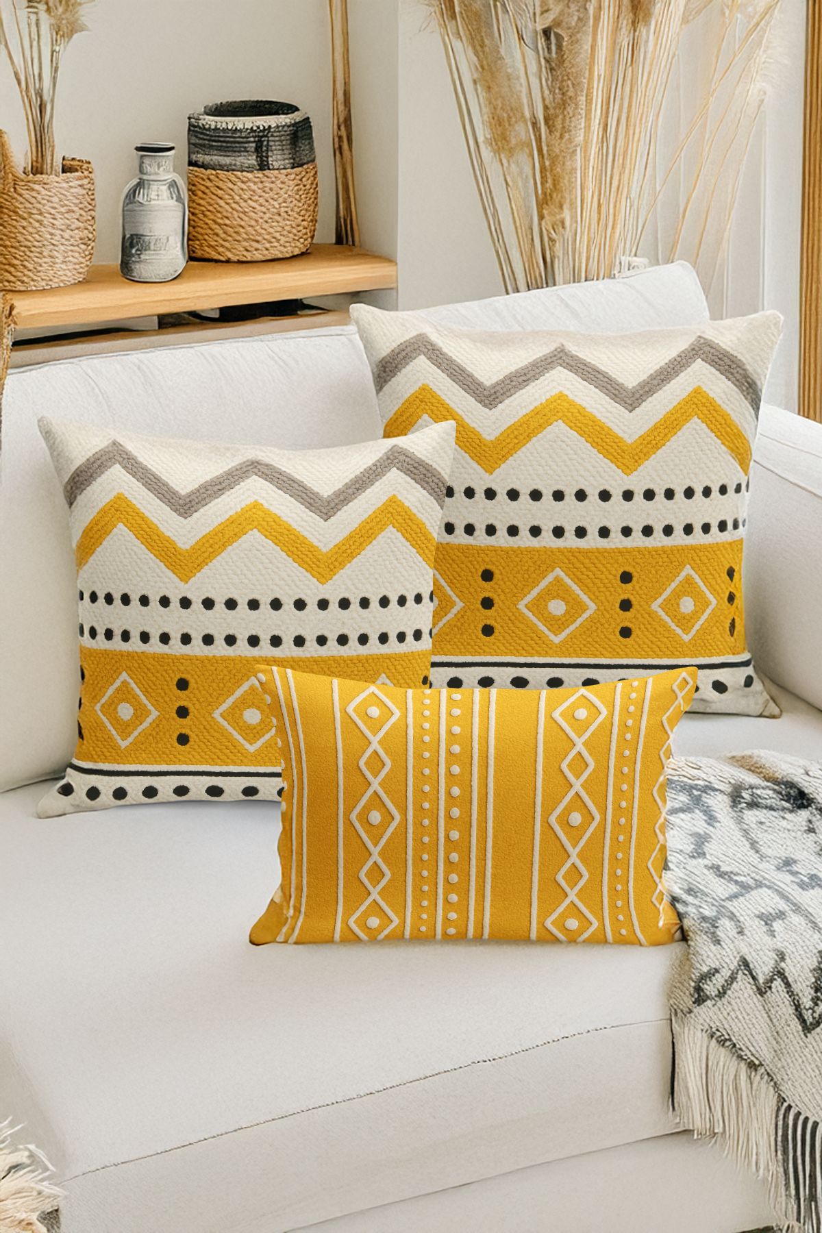 Bertille Home-Set de 3 huse de pernă cu imprimare digitală pe două părți (aspect de broderie cu model de puncție) 1
