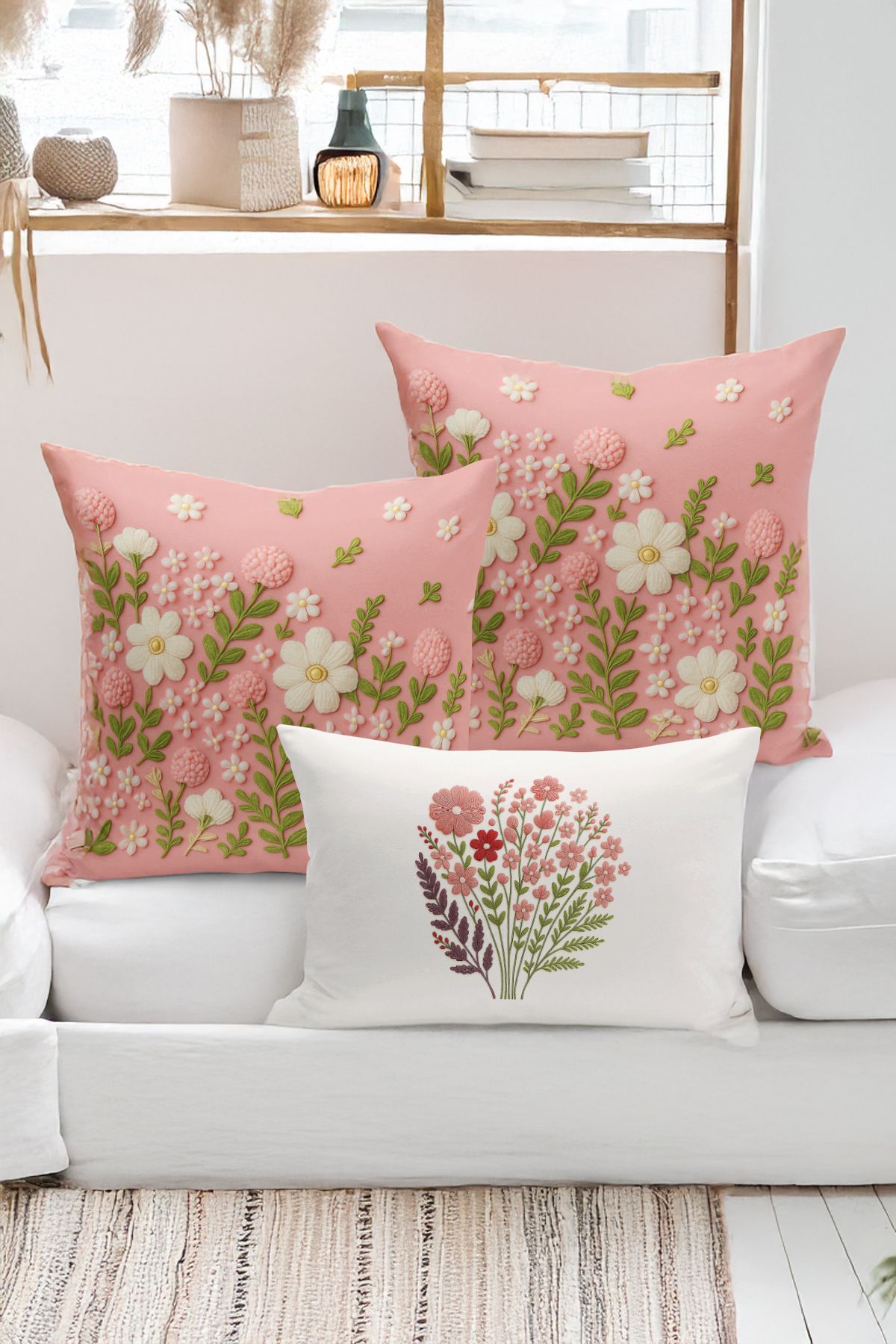 Bertille Home-Set de 3 huse de pernă cu imprimare digitală pe două părți (aspect de broderie cu model de puncție) 1