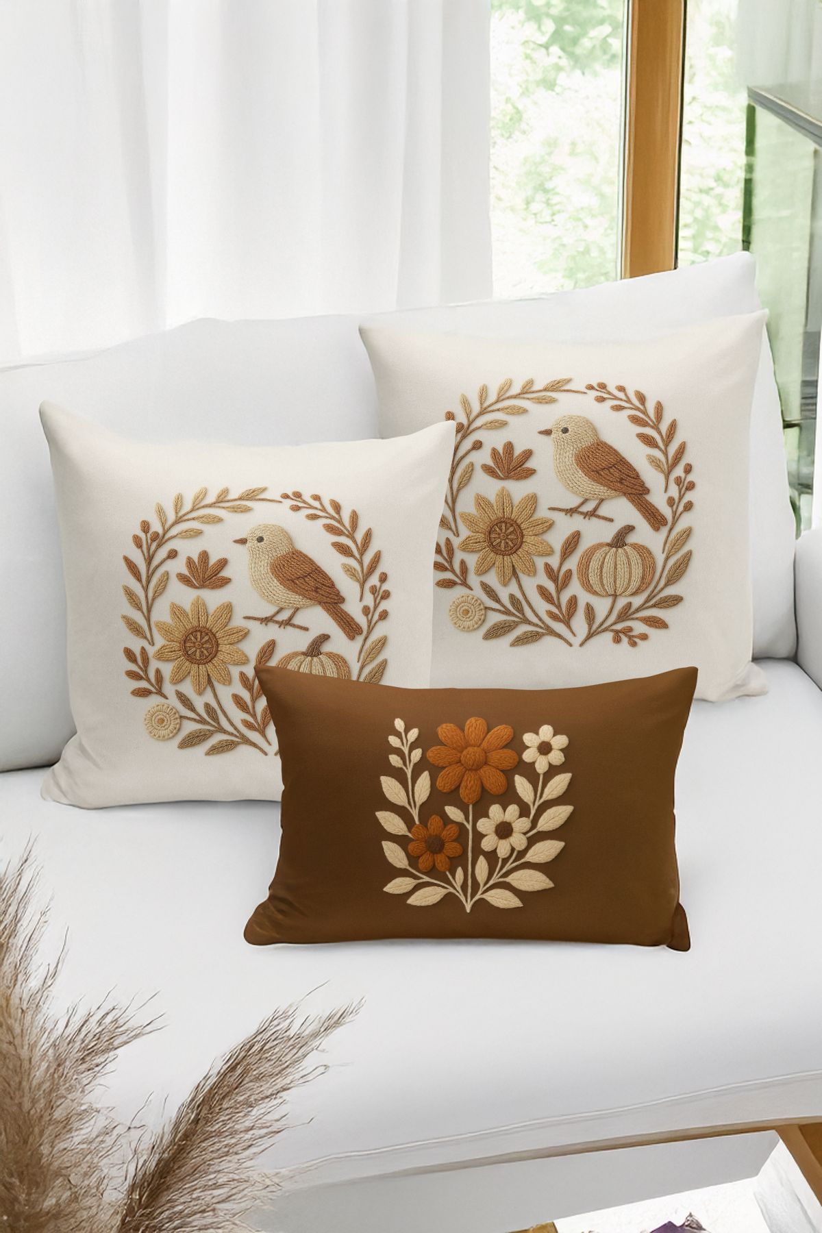 Bertille Home-Set de 3 huse de pernă cu imprimare digitală pe două părți (aspect de broderie cu model de puncție) 1