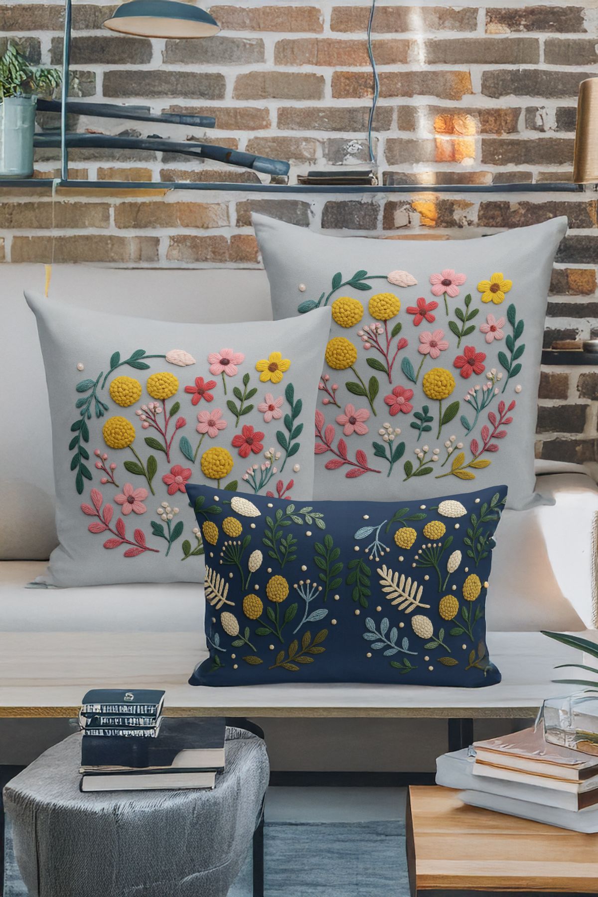 Bertille Home-Set de 3 huse de pernă cu imprimare digitală pe două părți (aspect de broderie cu model de puncție) 1