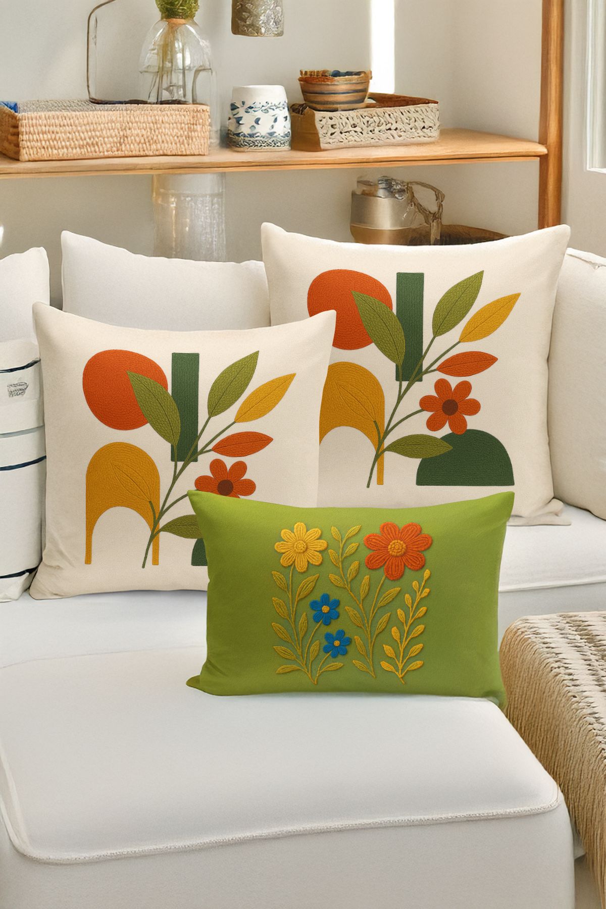 Bertille Home-Set de 3 huse de pernă cu imprimare digitală pe două părți (aspect de broderie cu model de puncție) 1