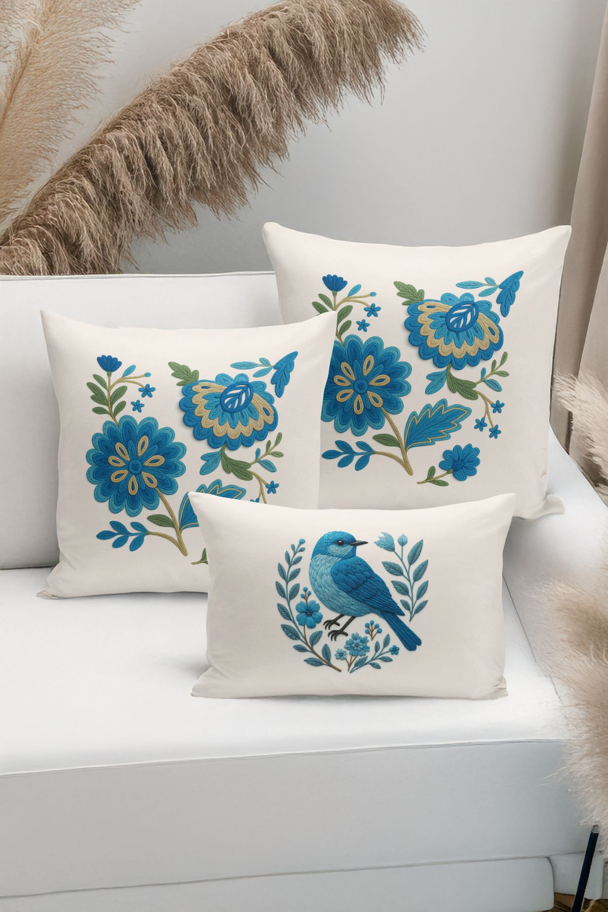 Bertille Home-Set de 3 huse de pernă cu imprimare digitală pe două părți (aspect de broderie cu model de puncție) 1