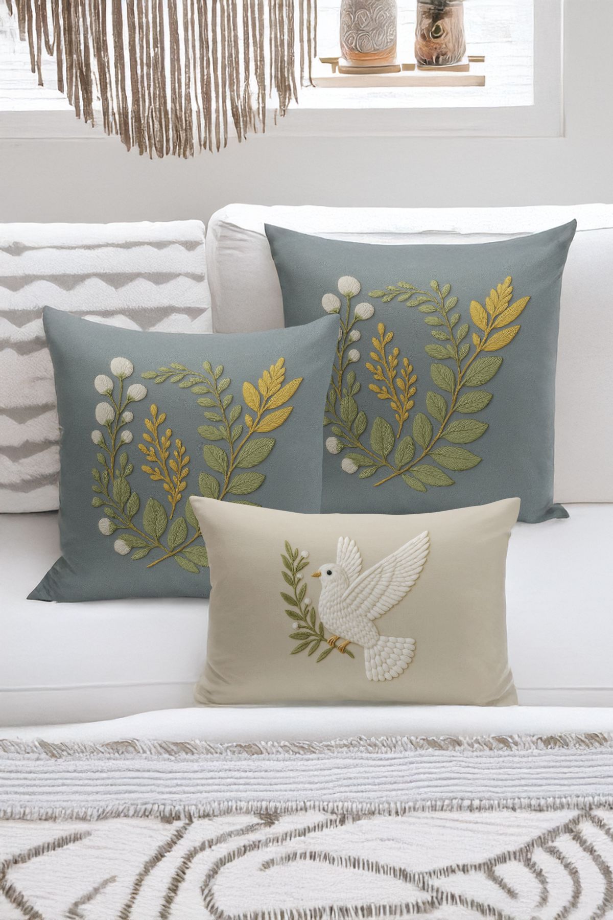 Bertille Home-Set de 3 huse de pernă cu imprimare digitală pe două părți (aspect de broderie cu model de puncție) 1