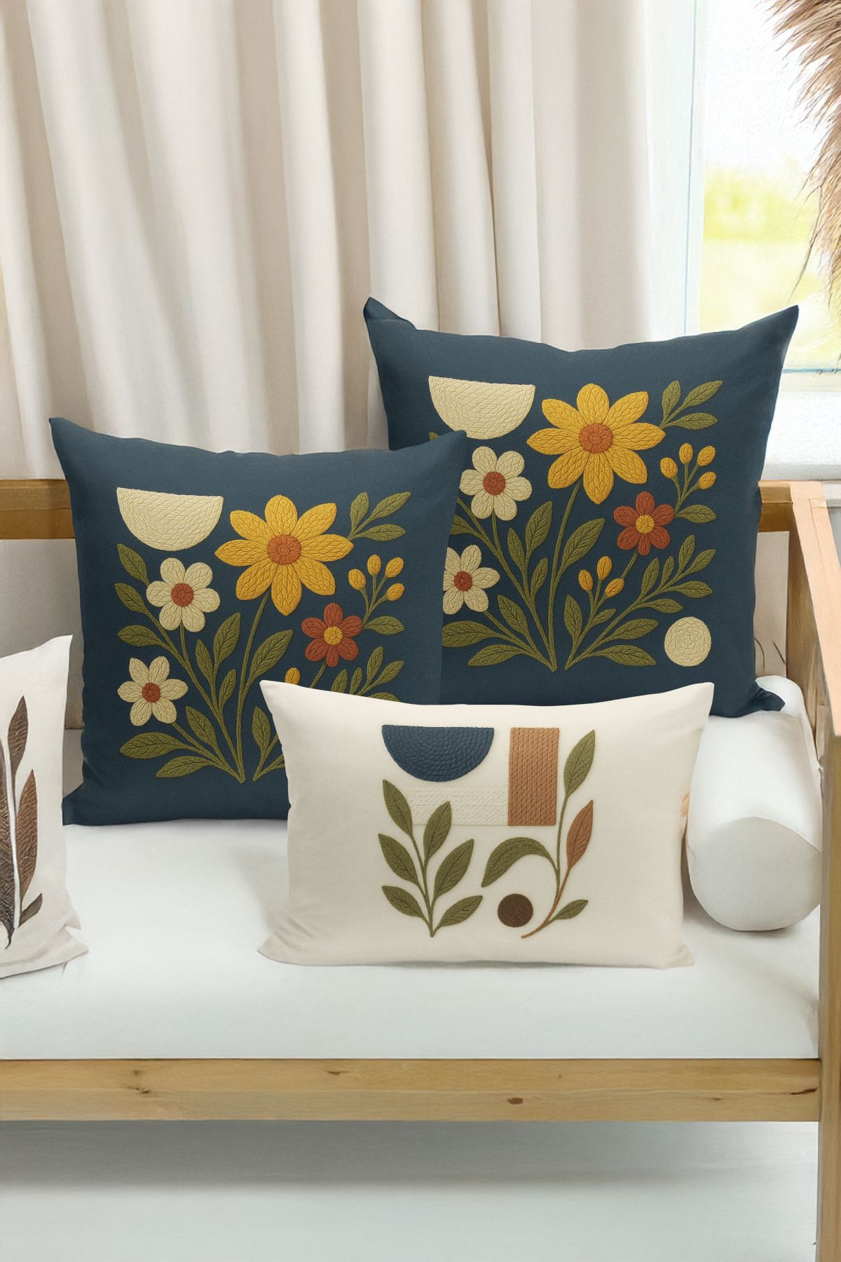 Bertille Home-Set de 3 huse de pernă cu imprimare digitală pe două părți (aspect de broderie cu model de puncție) 1