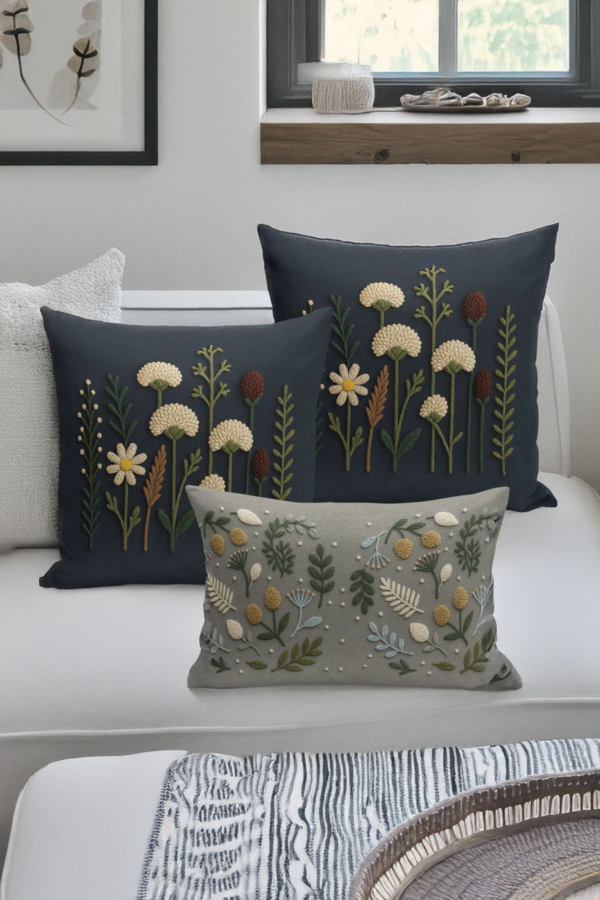 Bertille Home-Set de 3 huse de pernă cu imprimare digitală pe două părți (aspect de broderie cu model de puncție) 1