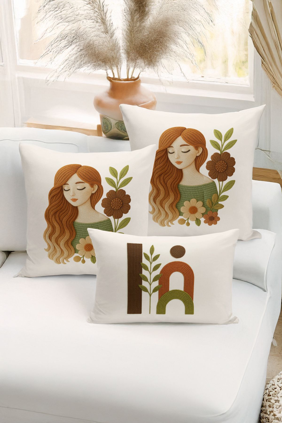 Bertille Home-Set de 3 huse de pernă cu imprimare digitală pe două părți (aspect de broderie cu model de puncție) 1