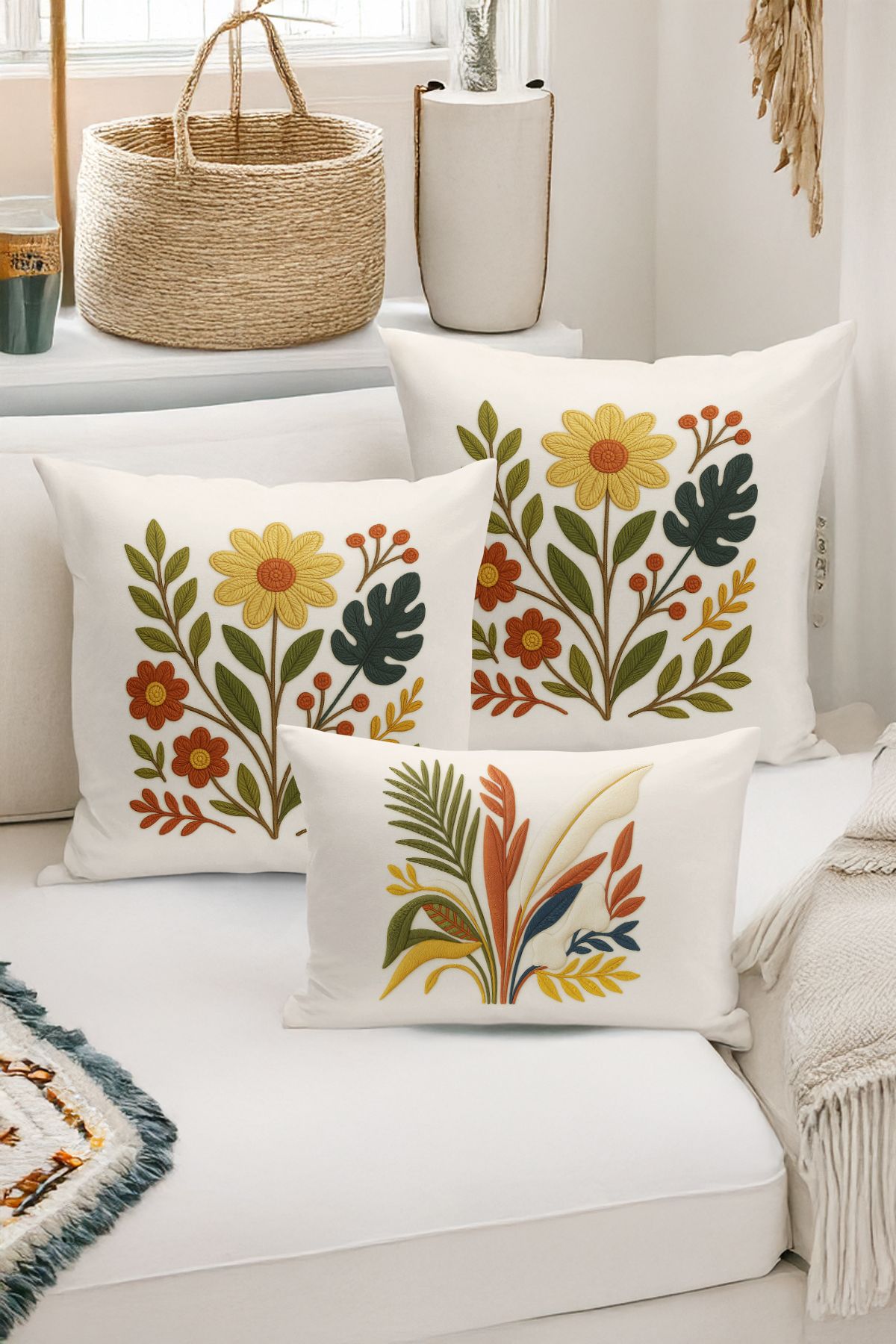 Bertille Home-Set de 3 huse de pernă cu imprimare digitală pe două părți (aspect de broderie cu model de puncție) 1