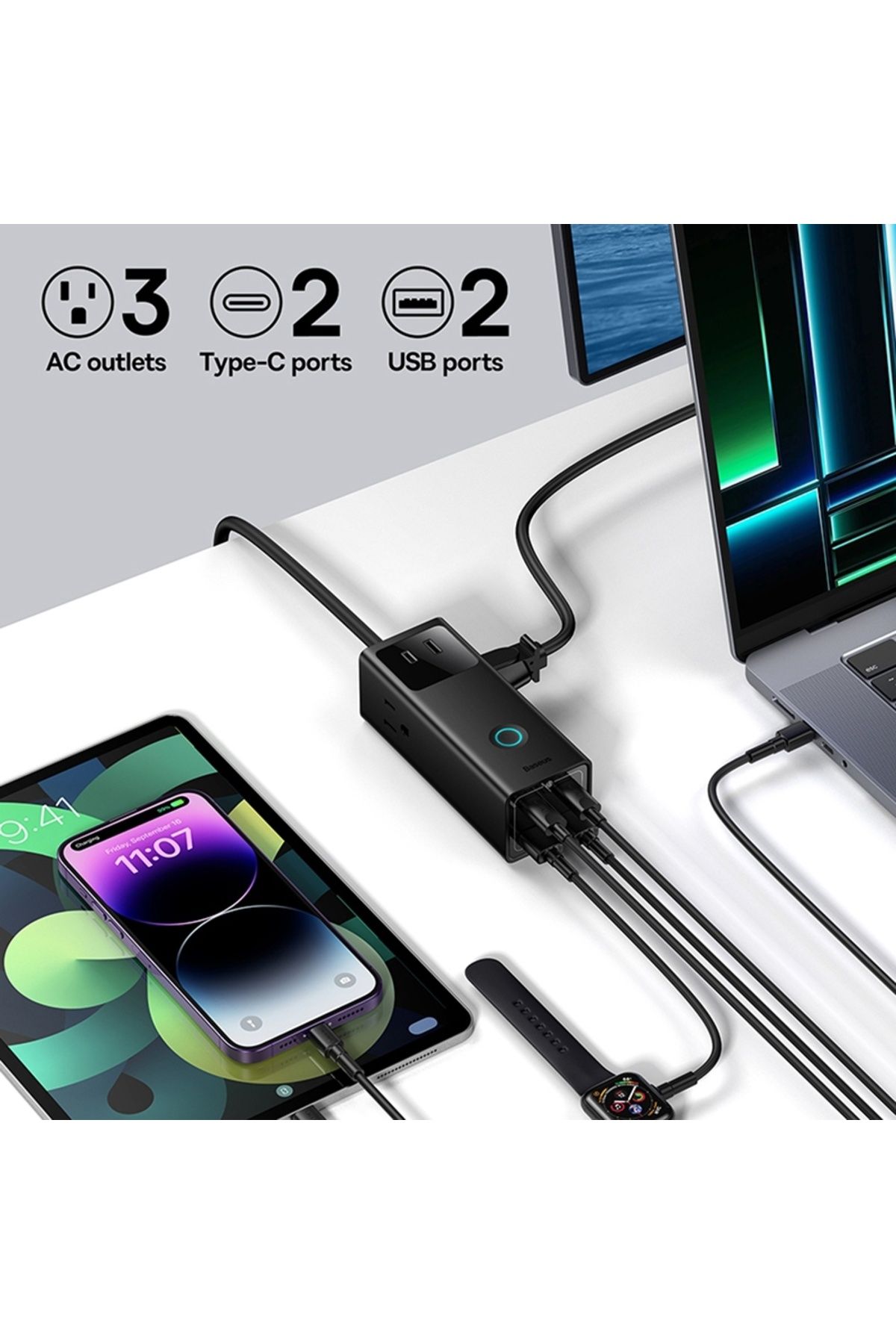 Baseus-Încărcător 3xAC, 2xUSB, 2xTip-C, 65W, Cablu 100W - (PSLA020101) - Negru 4