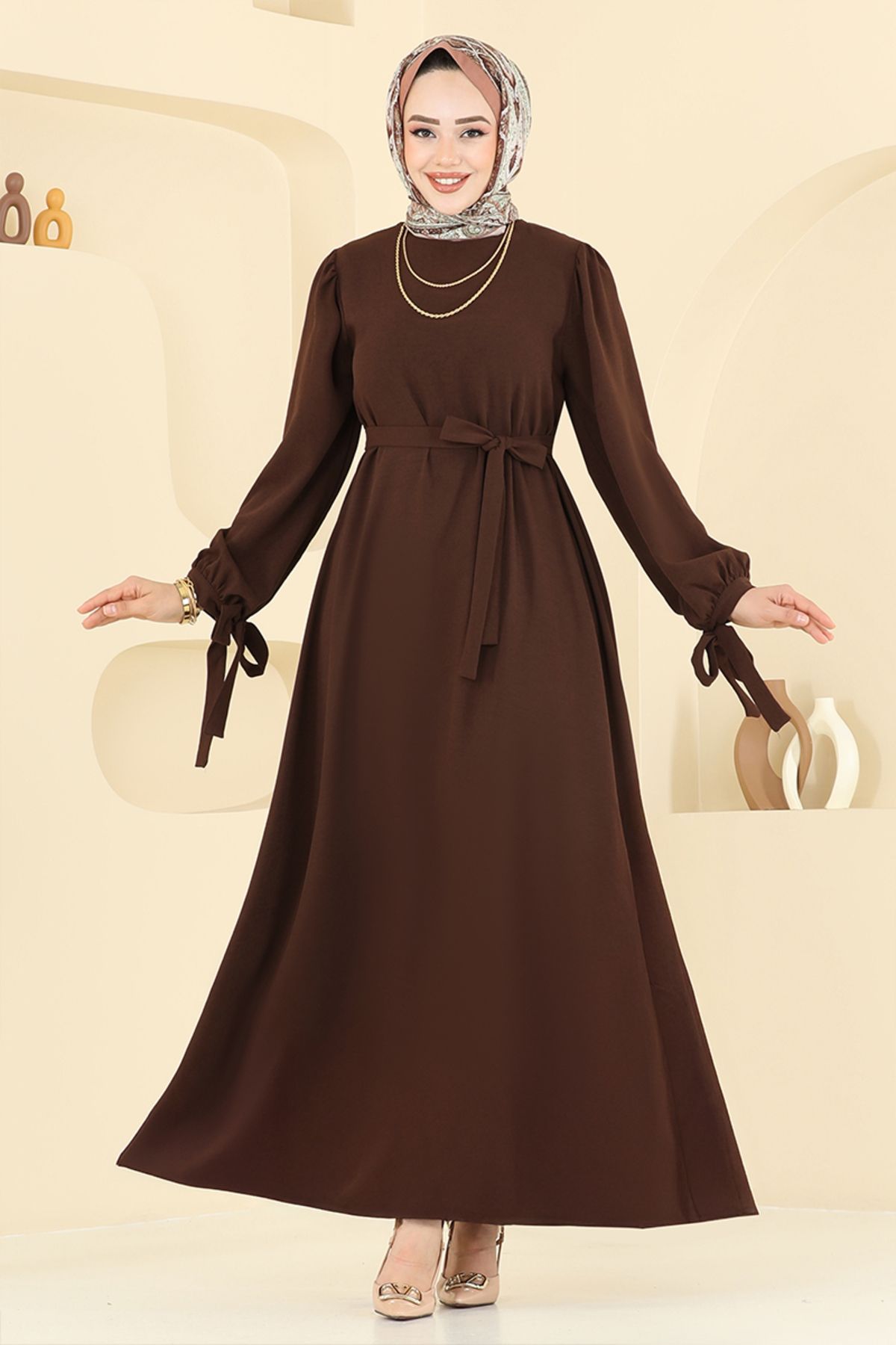 ModaMerve-Waist Belted Crepe Dress 7121Bgs895-M Brown 1
