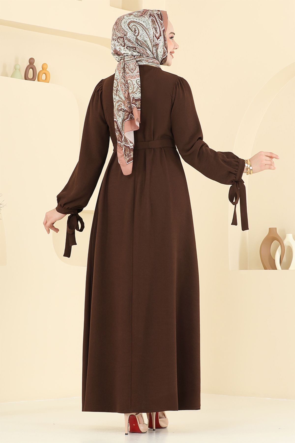 ModaMerve-Waist Belted Crepe Dress 7121Bgs895-M Brown 5