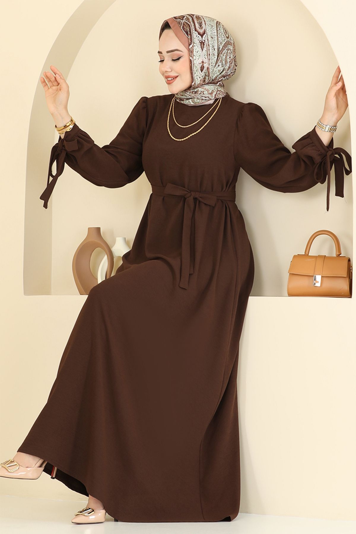 ModaMerve-Waist Belted Crepe Dress 7121Bgs895-M Brown 2