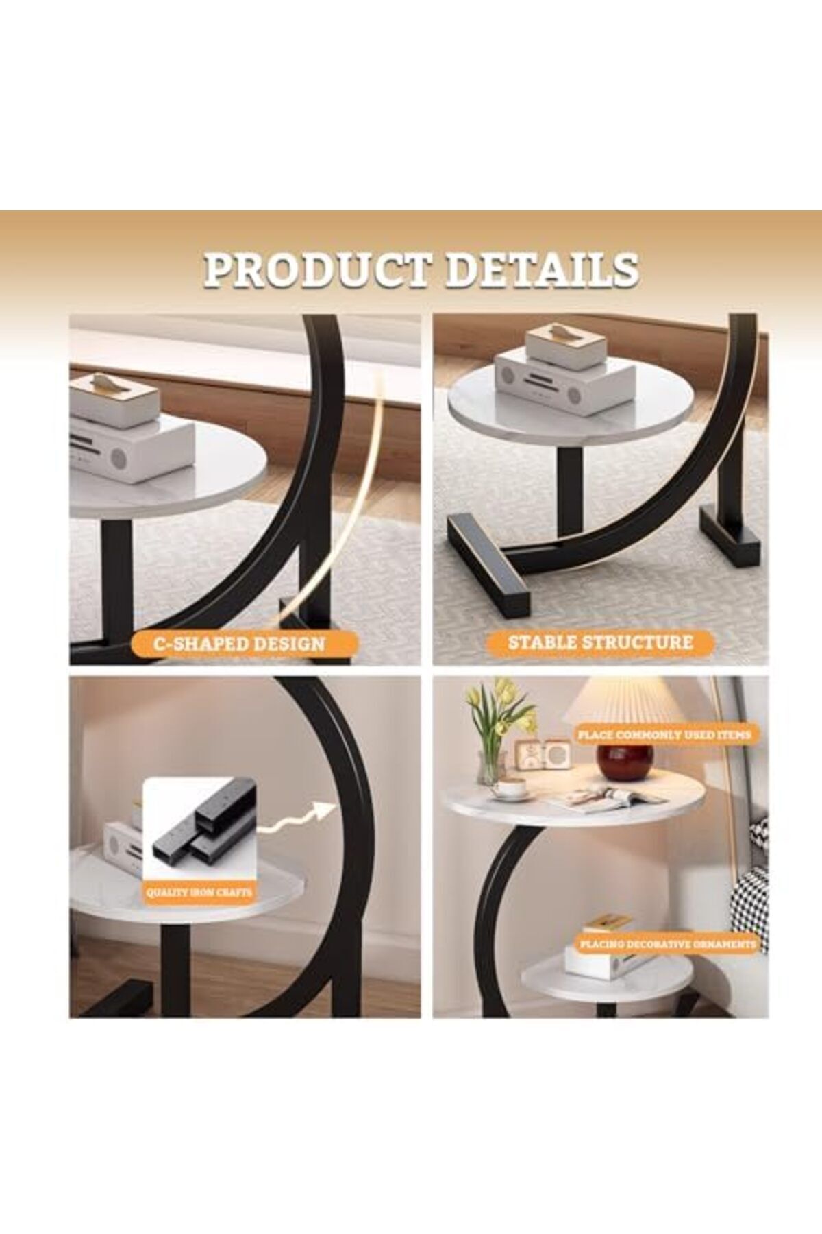 Türkiye-Round Side Table Coffee Couch Bedside Table End Table for Small Spaces C Shaped End Table D 7
