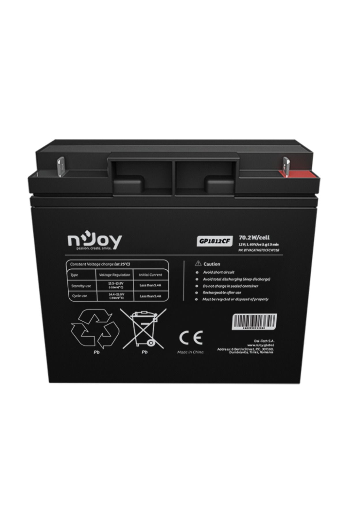 nJoy-Acumulator GP1812CF 12V 181x77x167mm, Cycle use 14.4V- 15.0V max. current 5.4A, Float use 2
