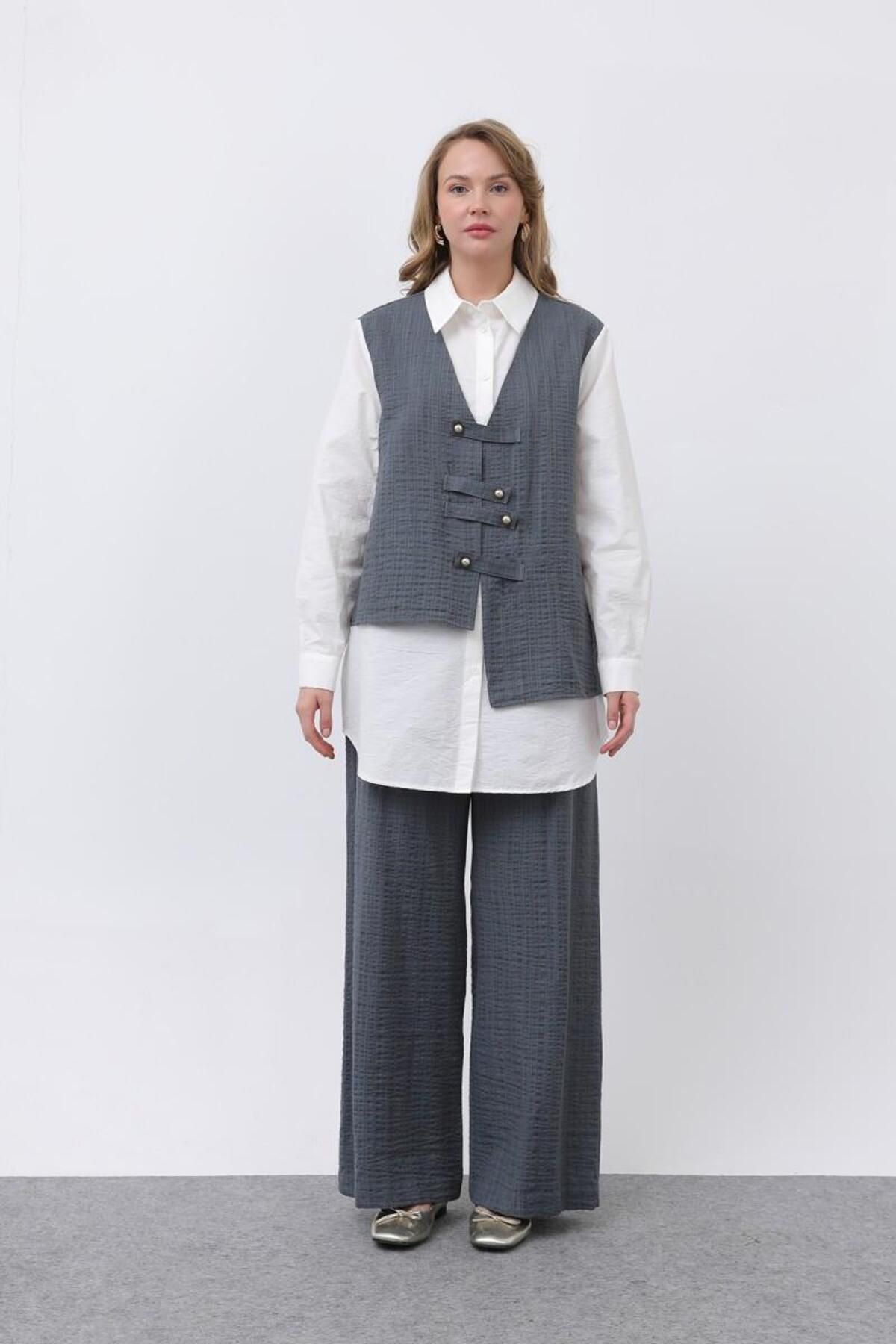 Puane-Women's Front Vest Look Epaulet Trousers Suit 14327Tks 4