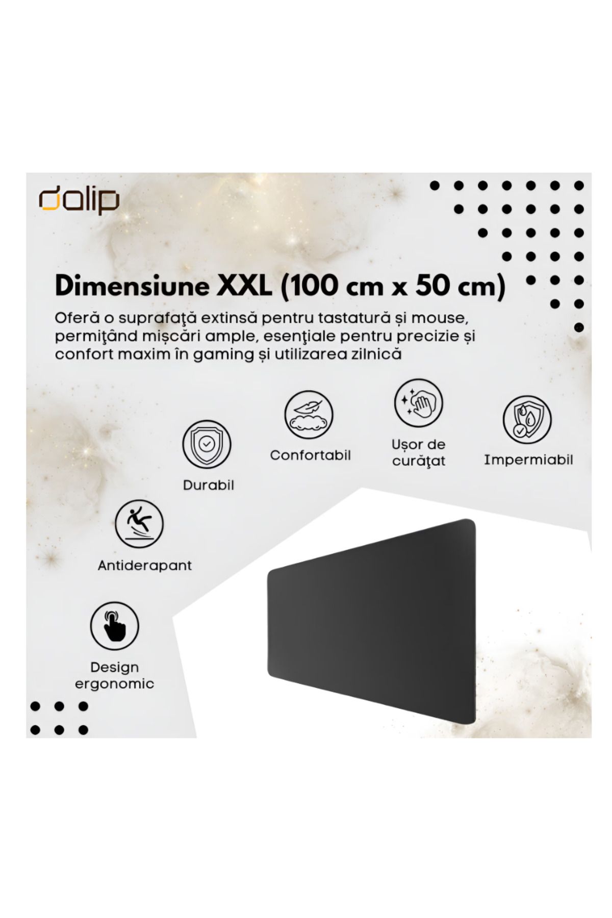 dalip-Mouse Pad Gaming Birou 100x50 cm Dalip, Baza Cauciucata, Accesoriu Tastatura Mouse, Negru 5