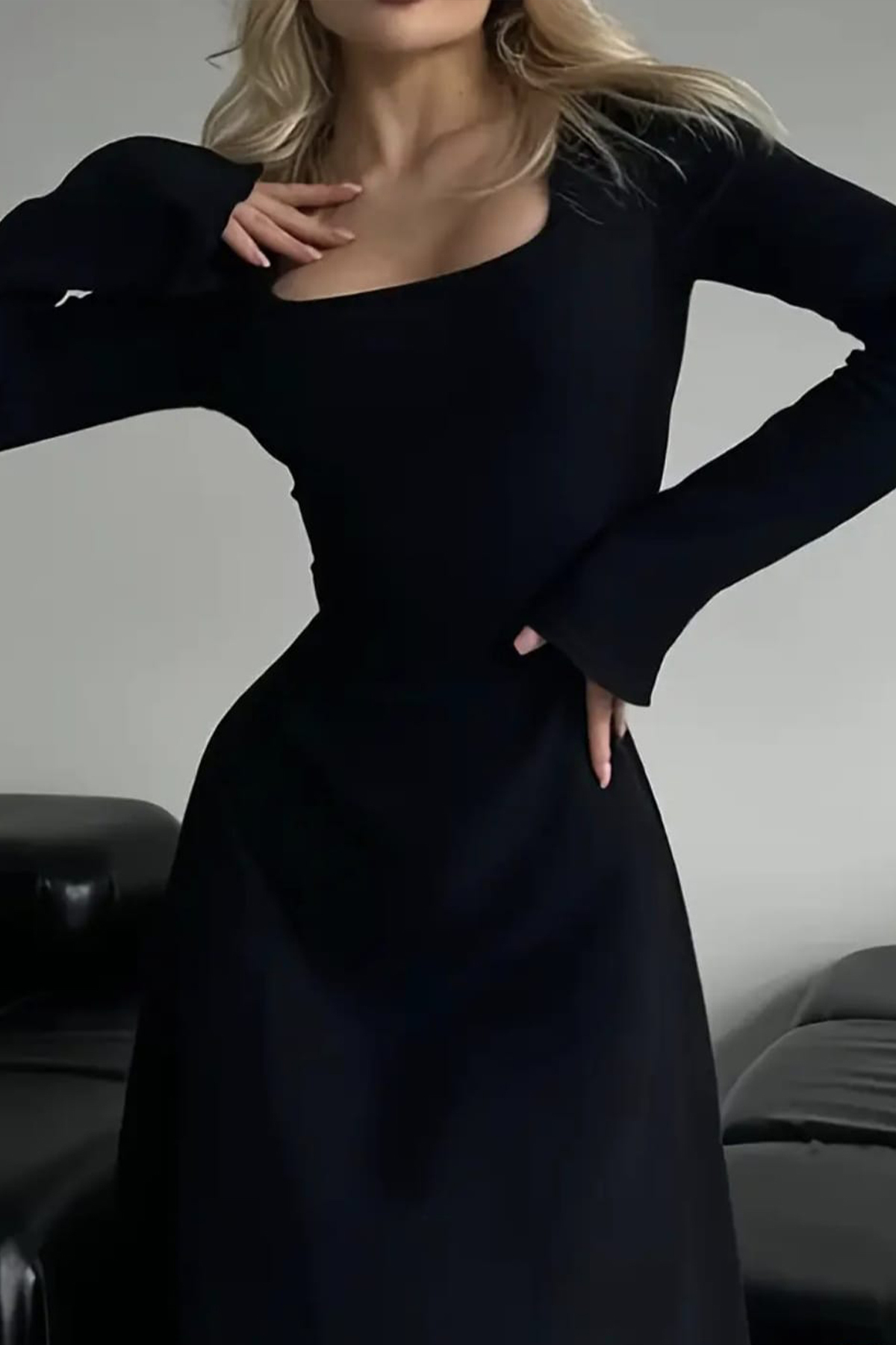 missamour  KADIN SİYAH U YAKA İSPANYOL KOL ELBİSE - Görsel 4