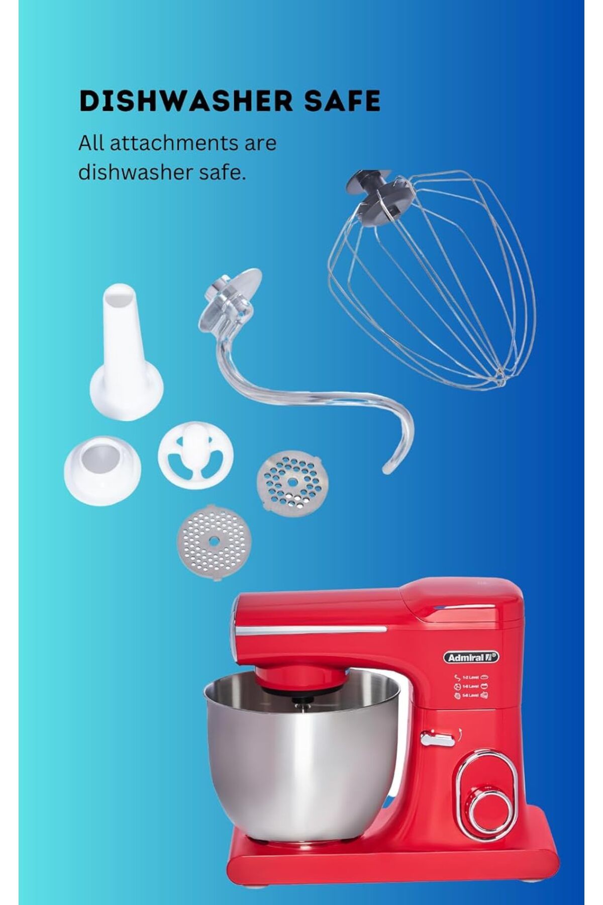 Admiral-Stand Mixer, 7L SS Bowl With 1.5L Glass Blender & 1 Set Meat Grinder, Low Noise 75dB Highest 7