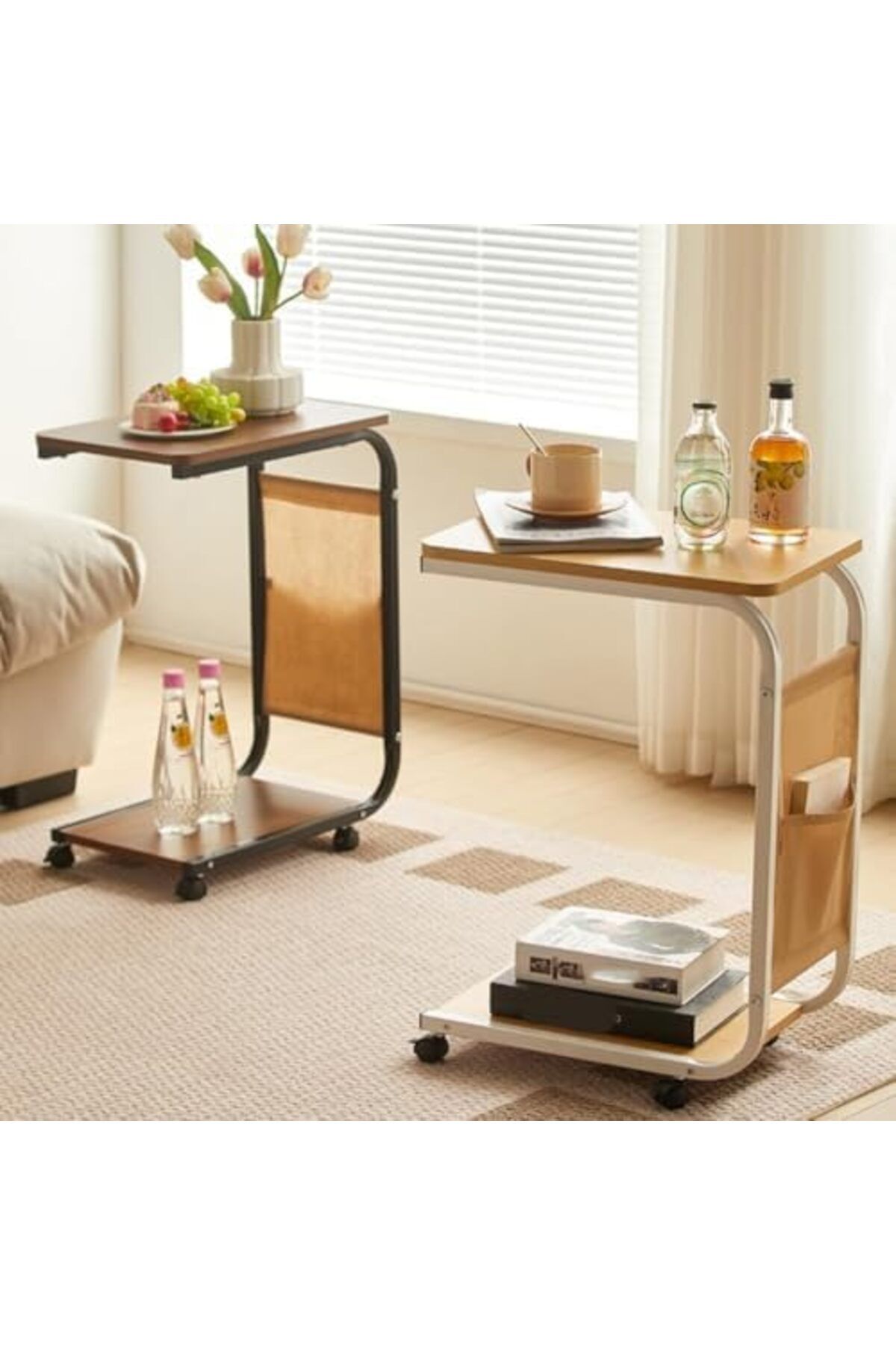 Türkiye-C Shaped End Table, Side Table with Metal Frame, End Table TV Tray, Sofa Table WIth Rolling Casters, 7