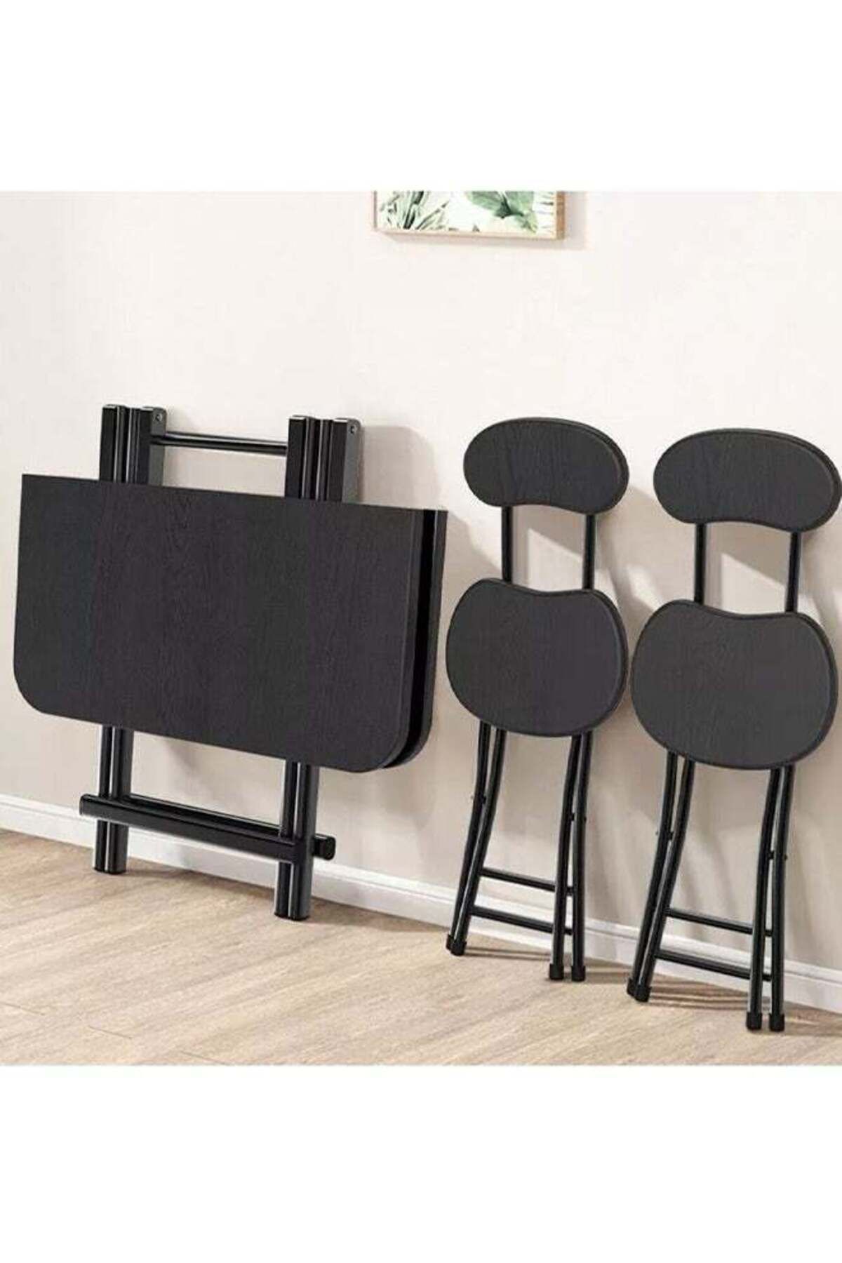 Taimi-5-Piece Folding Dining Set, Wooden Table 80x80x74cm with 2 Folding Chairs with Metal Frame - Black 3