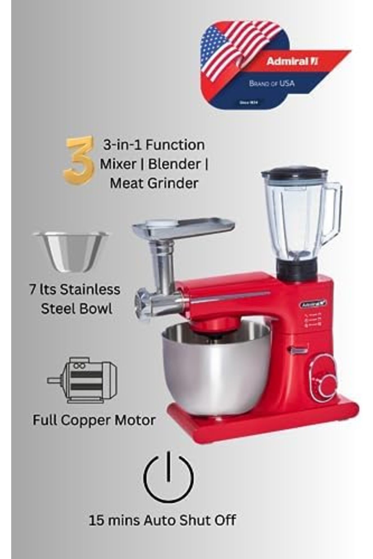 Admiral-Stand Mixer, 7L SS Bowl With 1.5L Glass Blender & 1 Set Meat Grinder, Low Noise 75dB Highest 4