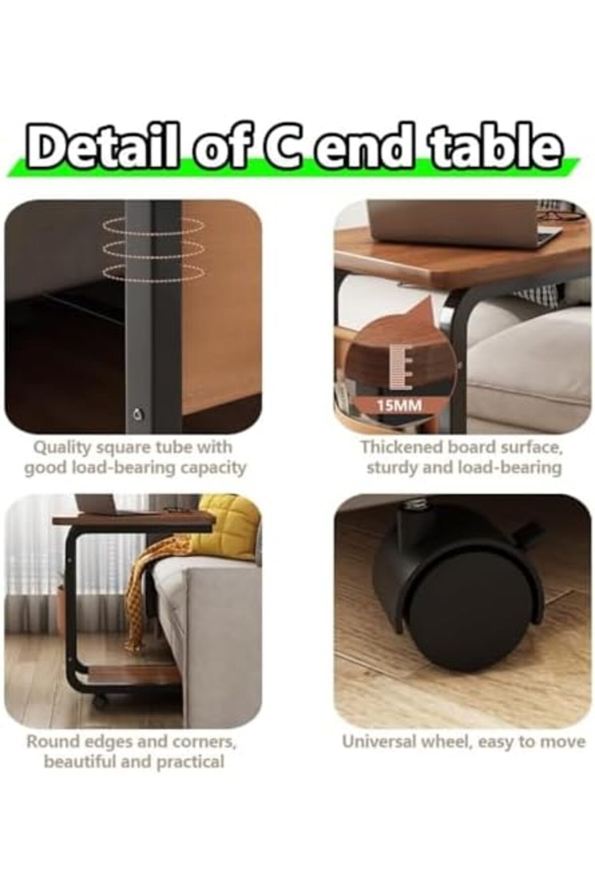 Türkiye-C Shaped End Table, Side Table with Metal Frame, End Table TV Tray, Sofa Table With Rolling Casters, 6