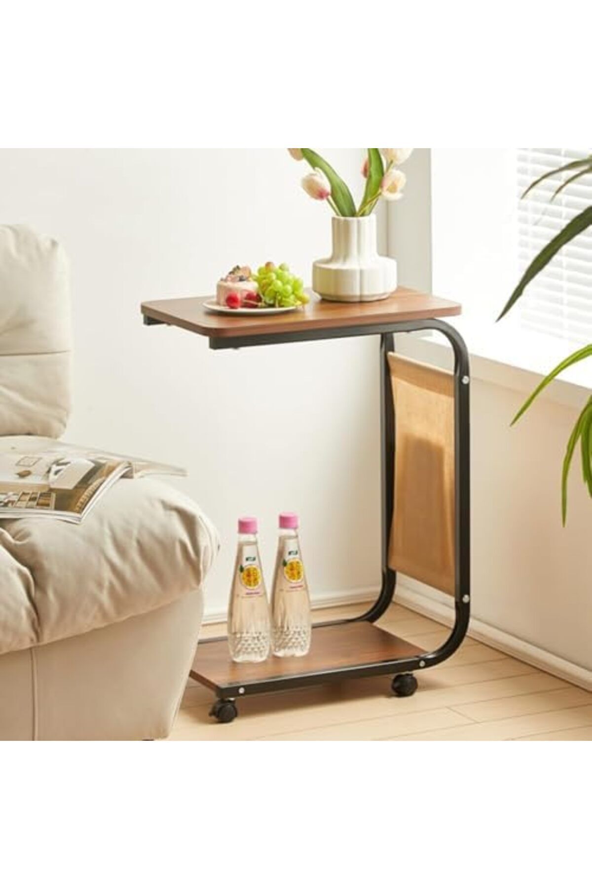 Türkiye-C Shaped End Table, Side Table with Metal Frame, End Table TV Tray, Sofa Table With Rolling Casters, 7
