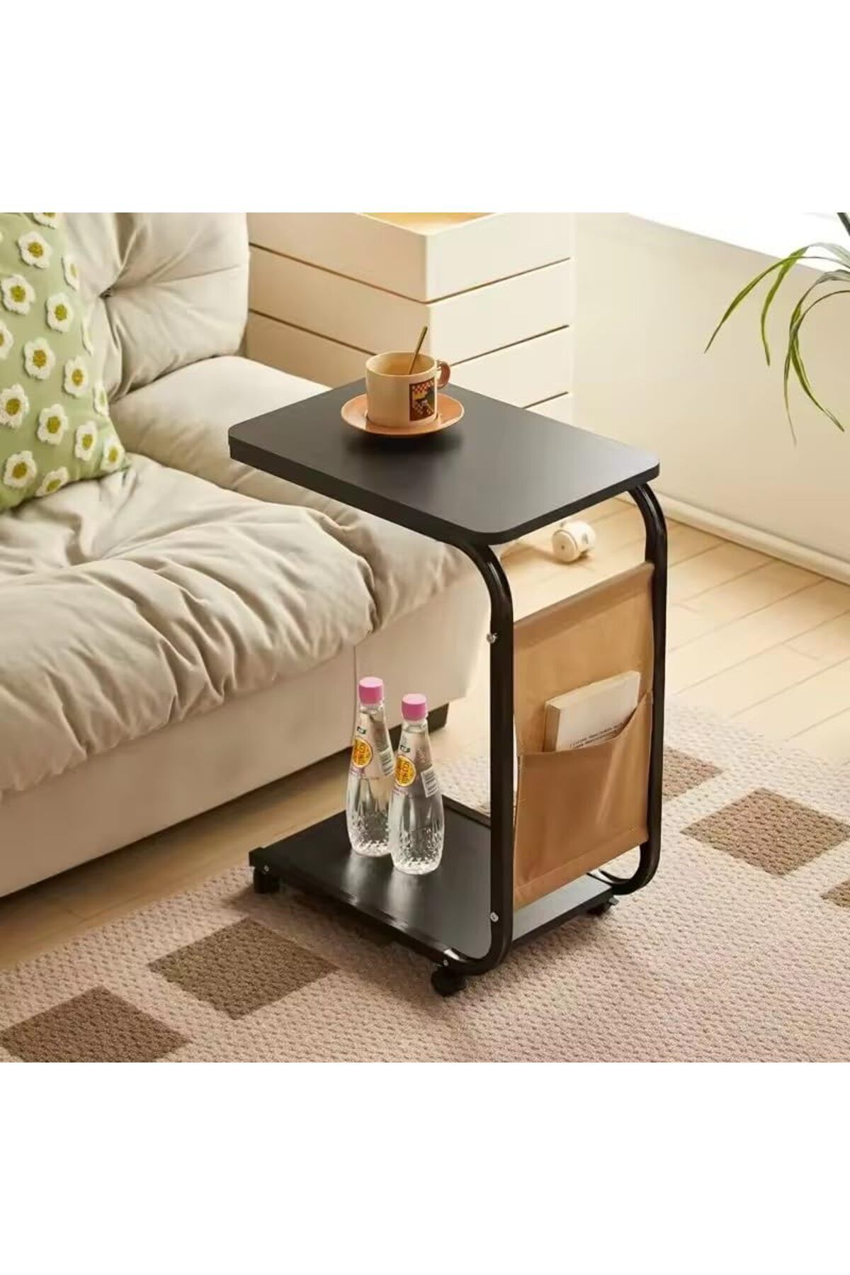 Türkiye-C Shaped End Table, Side Table with Metal Frame, End Table TV Tray, Sofa Table WIth Rolling Casters, 1