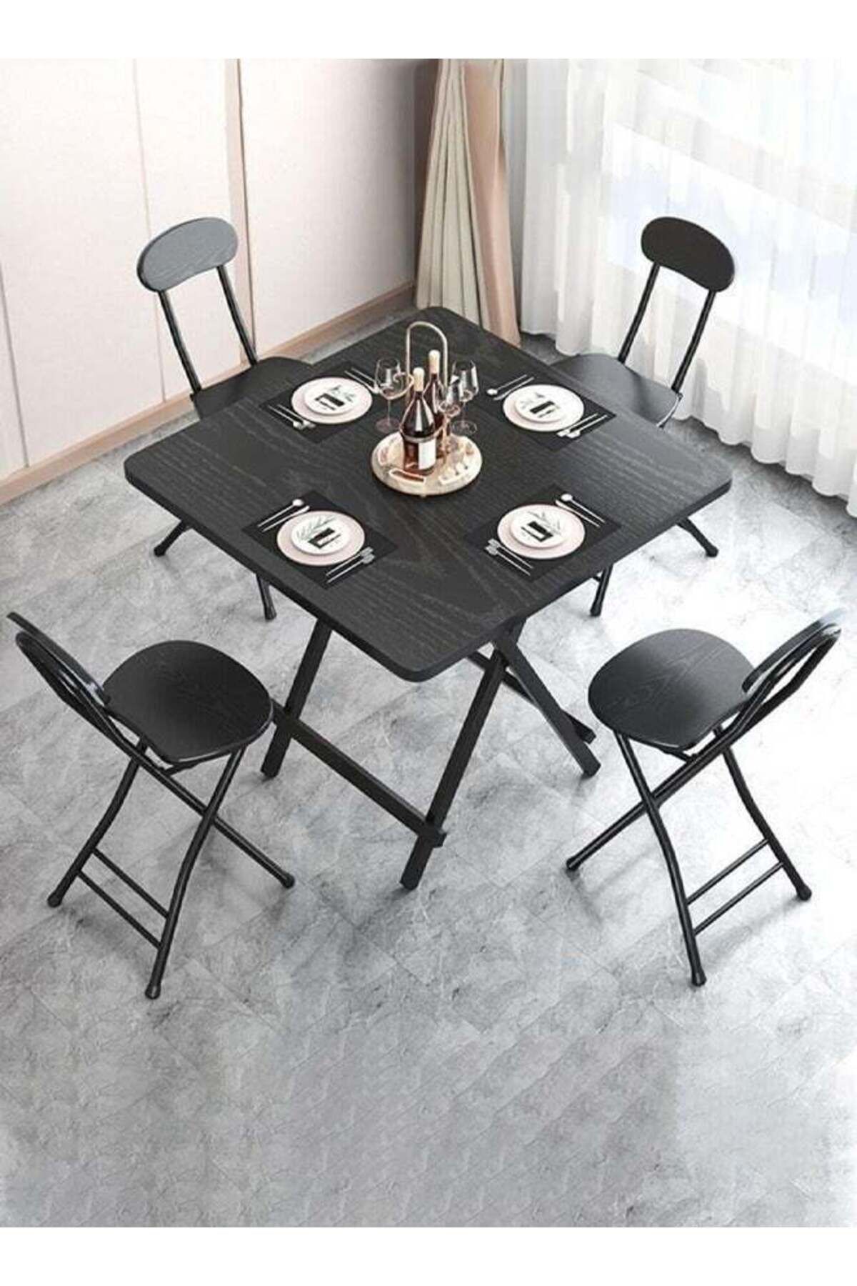 Taimi-5-Piece Folding Dining Set, Wooden Table 80x80x74cm with 2 Folding Chairs with Metal Frame - Black 2