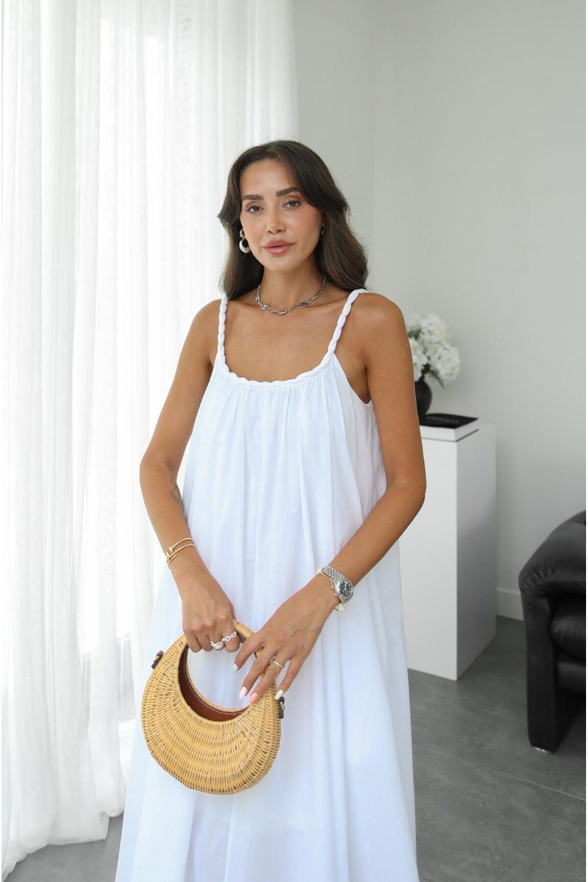 Havoş-White Mesh Detailed Lined Voile Dress 6