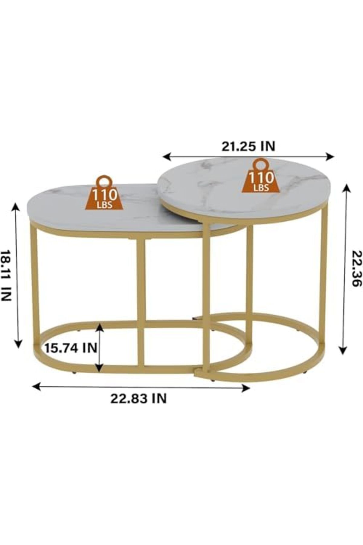 Türkiye-Huhote Round Coffee Tables, Set of 2 End Table, Nesting Tables, Oval Side Table with Metal Frame for 5
