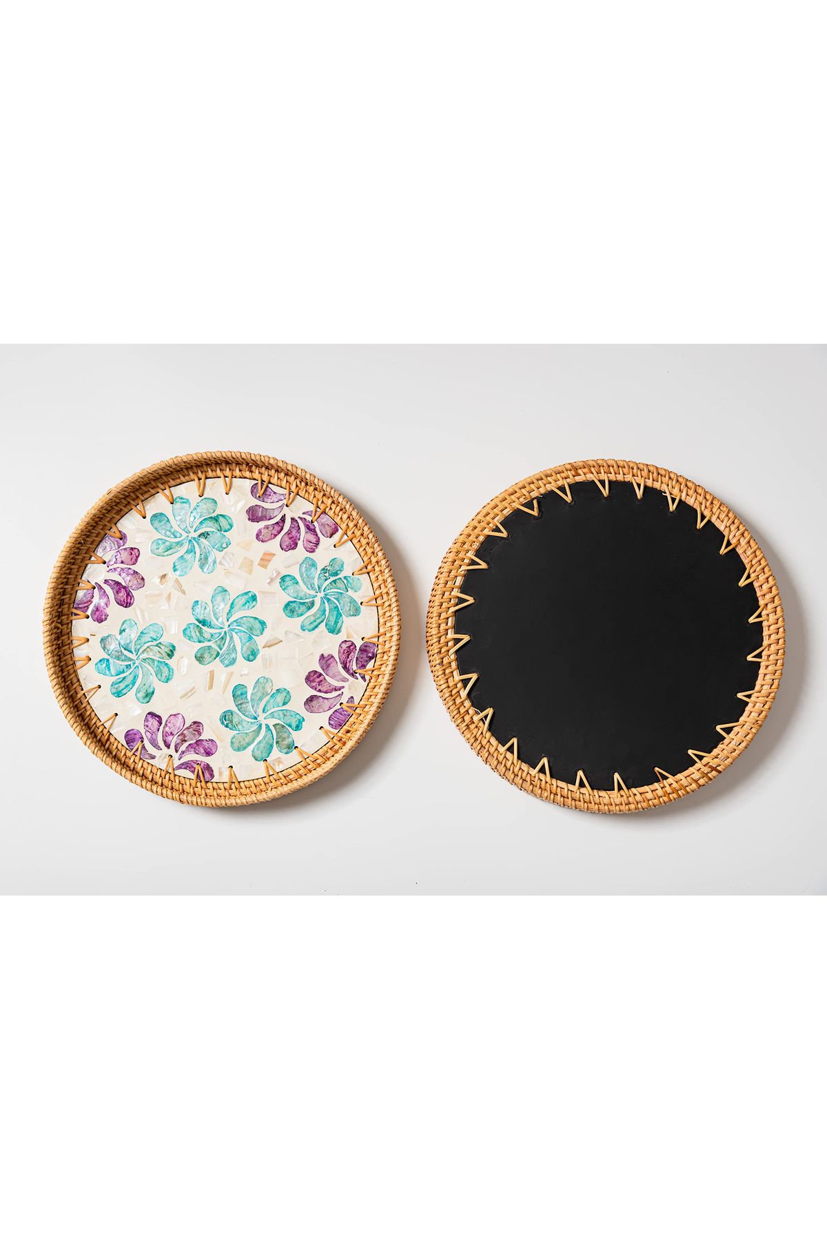Cozy Nest-Handmade Rattan Tray Set of 2 with Mother-of-Pearl Inlay Round Boho Decorative Trays 5