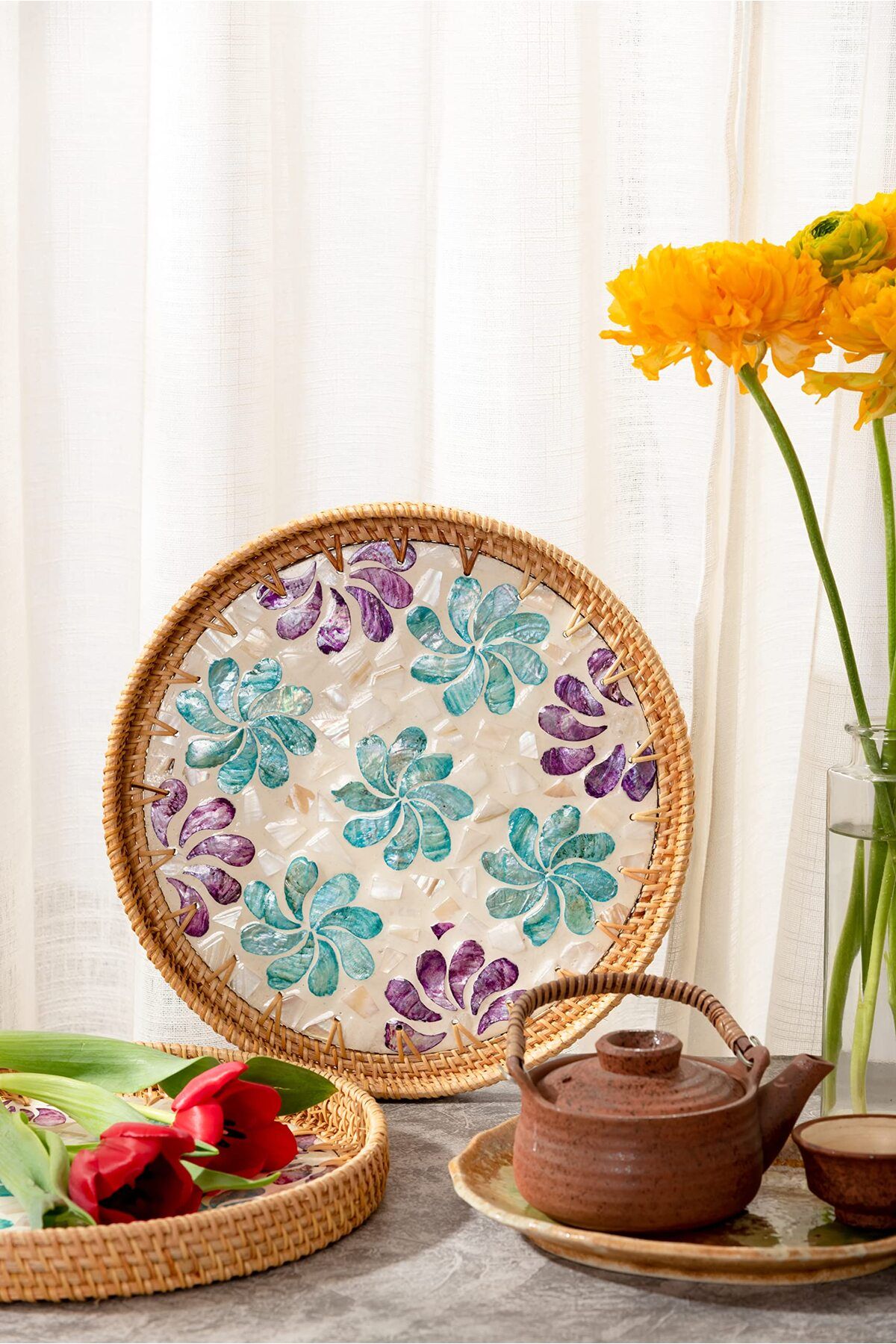 Cozy Nest-Handmade Rattan Tray Set of 2 with Mother-of-Pearl Inlay Round Boho Decorative Trays 4