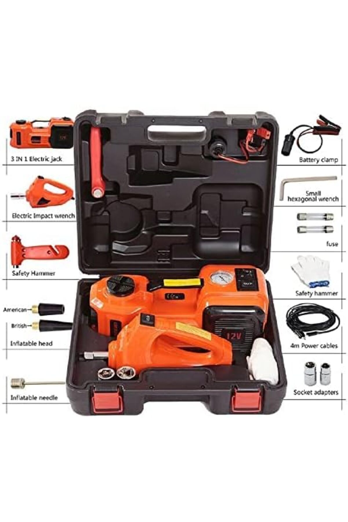 رافعة أرضية هيدروليكية كهربائية للسيارة بقوة 5 أطنان و12 فولت تيار مستمر ومفتاح ربط صدمات مع منفاخ إطارات ممتاز