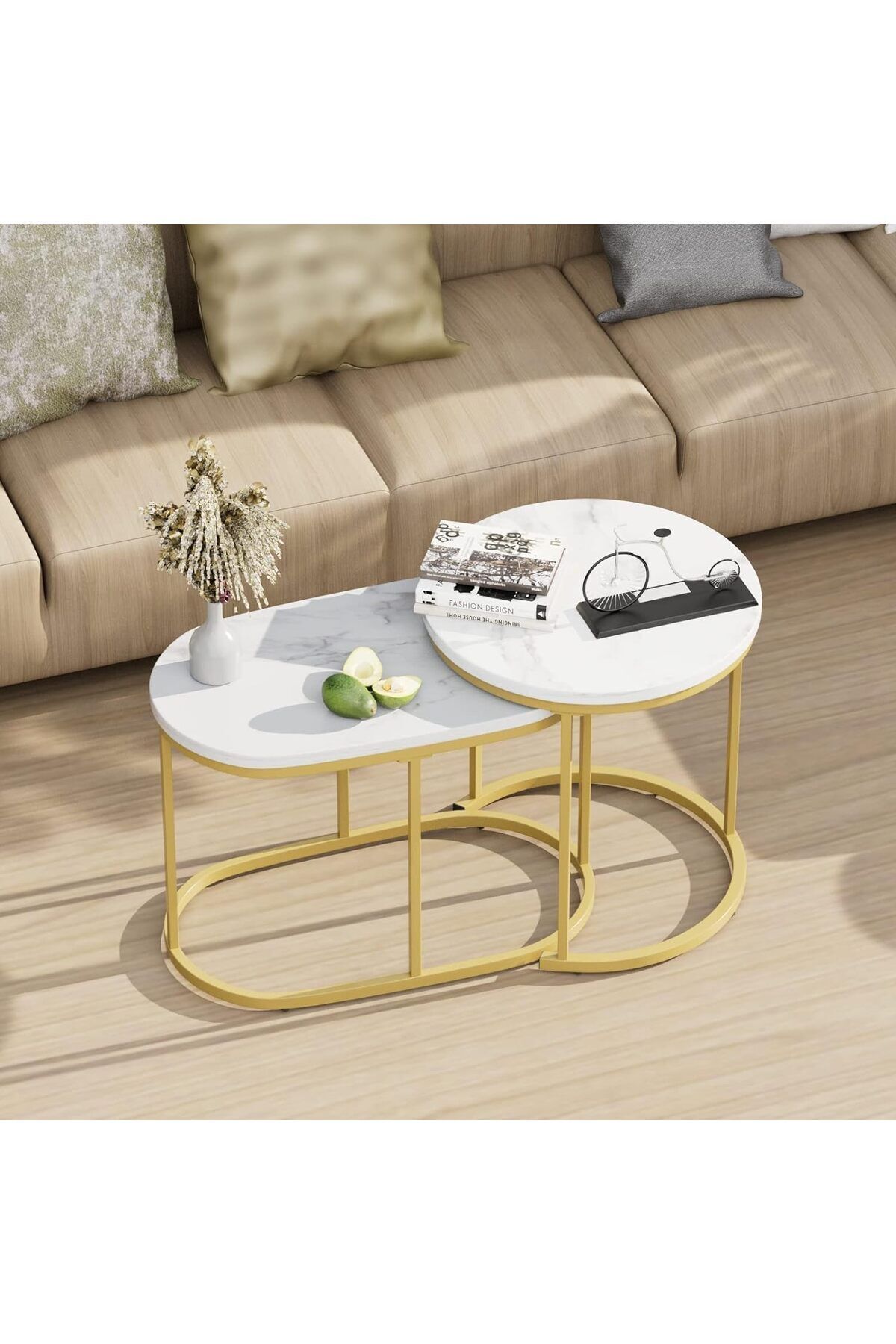 Türkiye-Huhote Round Coffee Tables, Set of 2 End Table, Nesting Tables, Oval Side Table with Metal Frame for 3