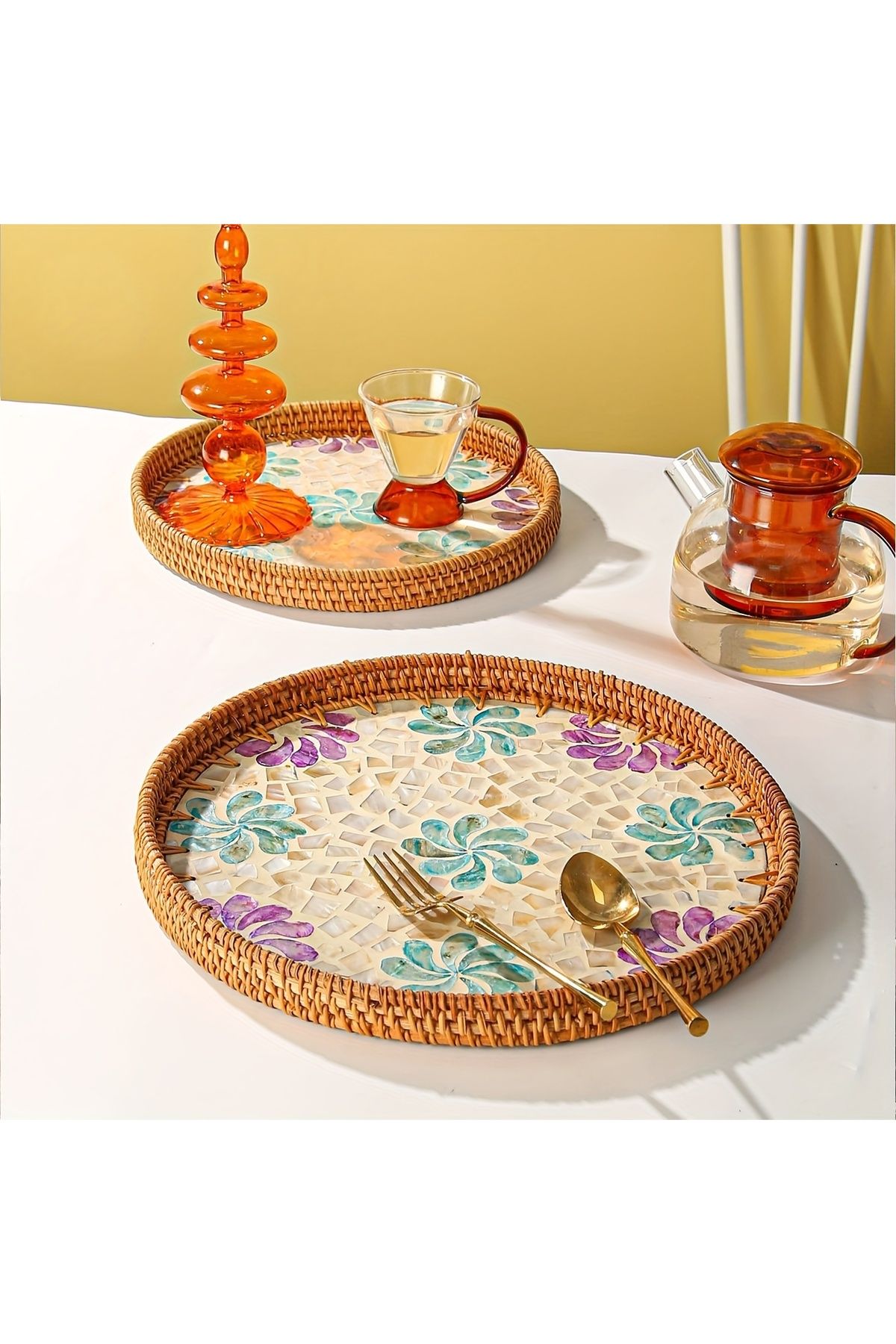 Cozy Nest-Handmade Rattan Tray Set of 2 with Mother-of-Pearl Inlay Round Boho Decorative Trays 3