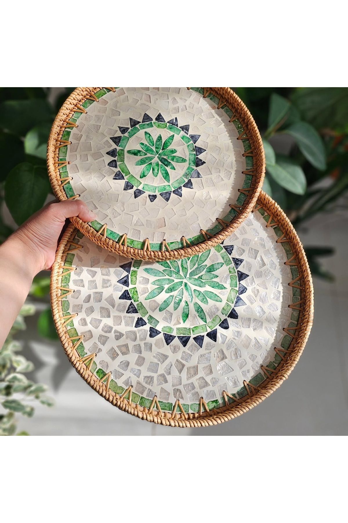 Cozy Nest-Handmade Rattan Tray Set of 2 with Mother-of-Pearl Inlay Round Boho Decorative Trays 4