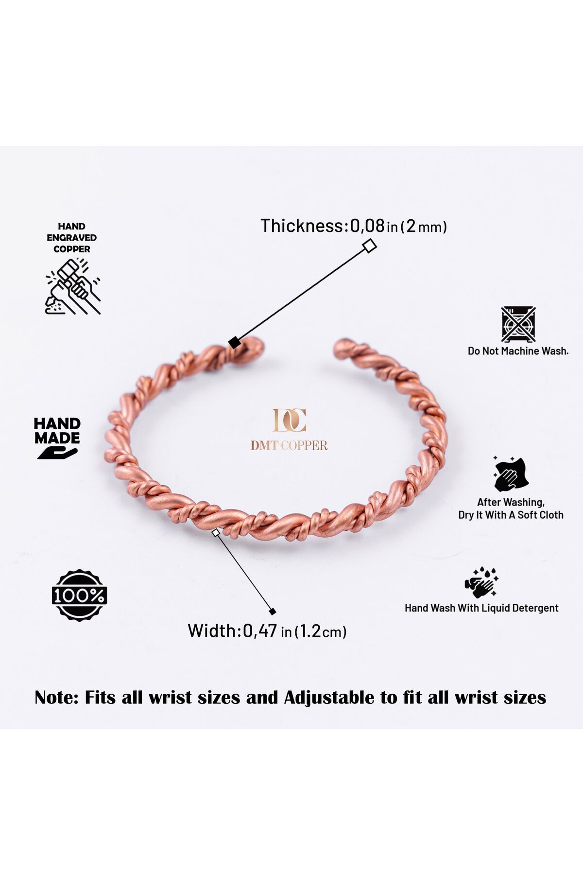 DMT COPPER HOME-100% Handmade Copper Bracelet, Natural Antibacterial Copper Bracelet, Health Friendly 2 Pcs 7