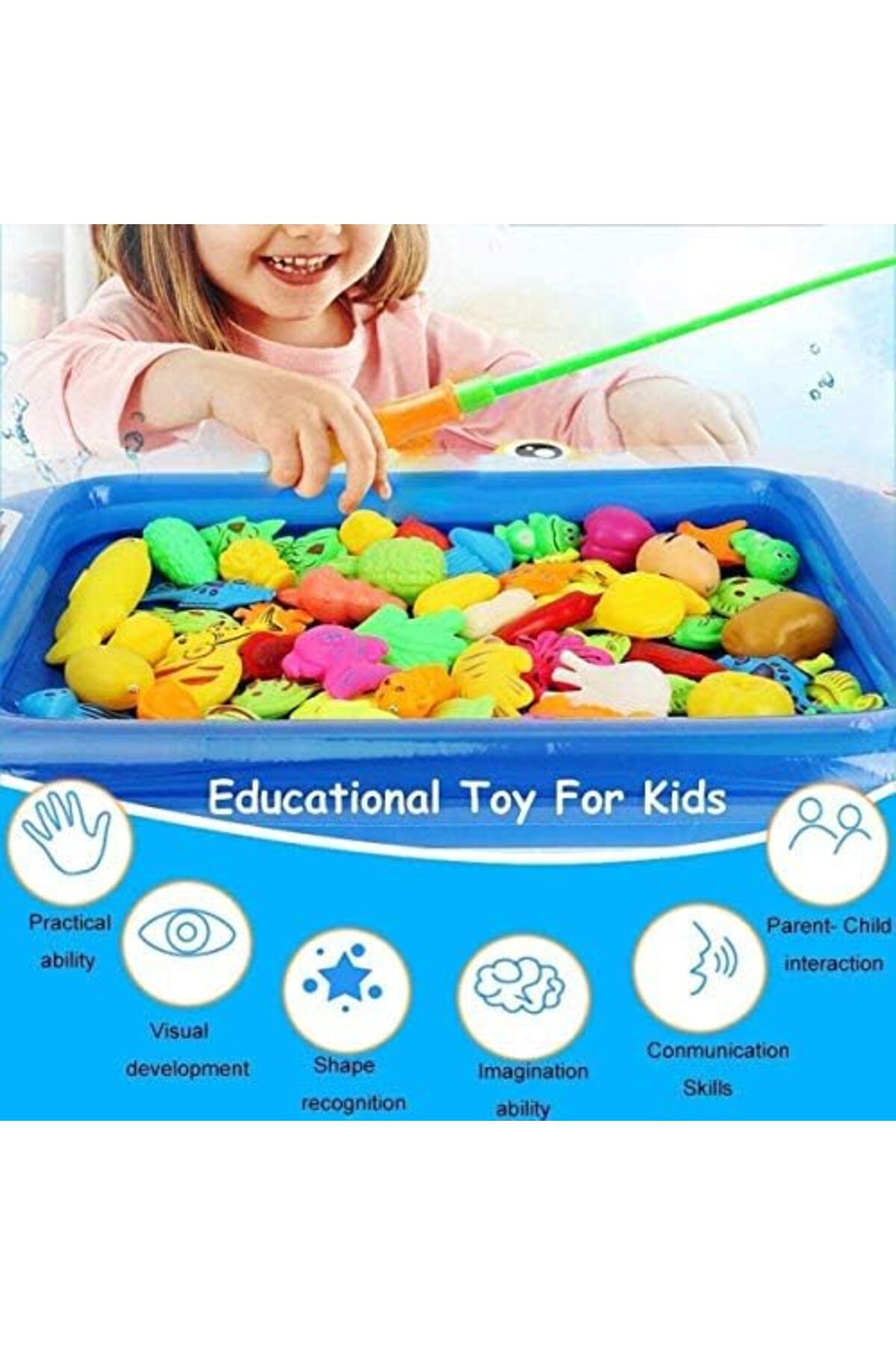 unbranded-Children's Magnetic Fishing Game with 3D Fish Models, 50 Pieces with Pool and Inflator 8