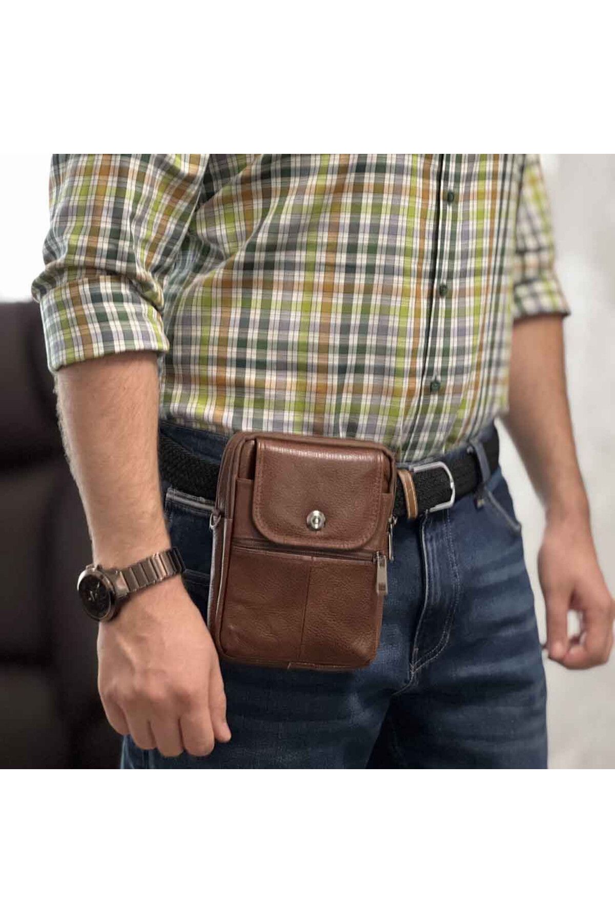 Micutz-Men's Shoulder Bag with Strap, Genuine Leather, Black and Brown, 14x19x5 cm, Light Brown 2