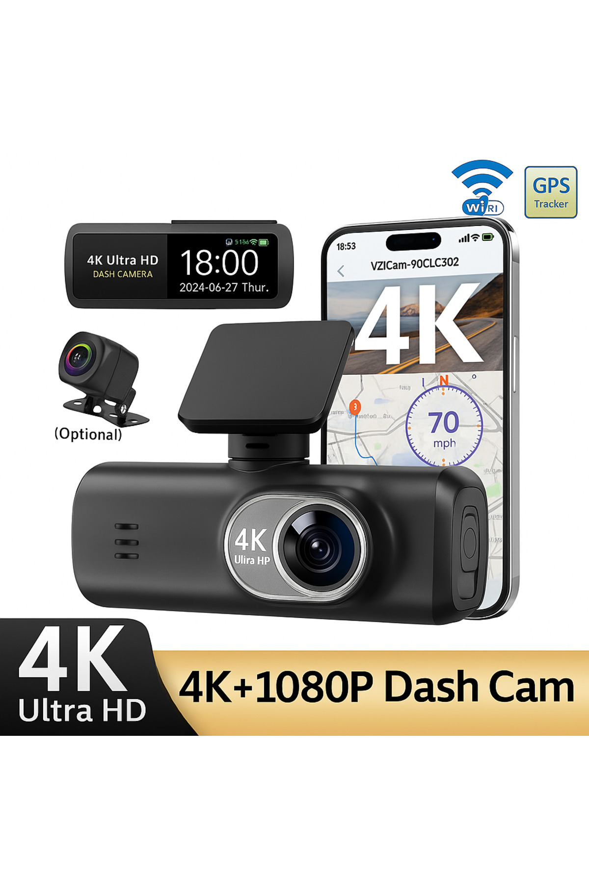 Yellowtech 4K Dash Cam Araç Kamerası – Ön Arka Kayıt, GPS Takip, WiFi Bağlantı, Park Modu, Geniş Açı