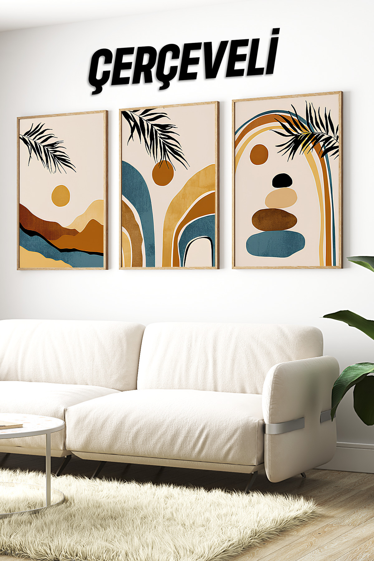 🌿 Doğal Tonlarda Modern Soyut 3'lü Çerçeveli Tablo Seti – MDF Zeminli, Ahşap Çerçeveli 🌿 CRV1177