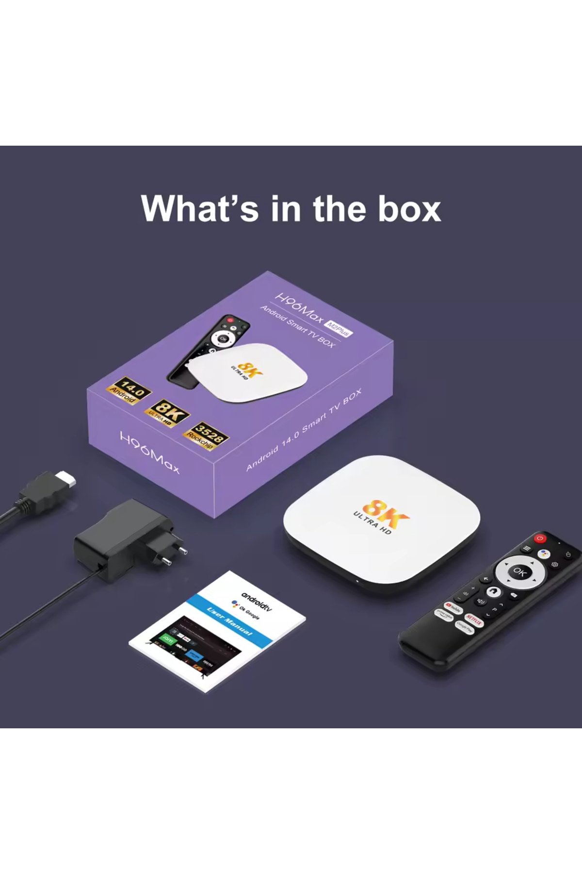 h96max-M2Plus 8K Android 14.0 Tv Box 4Gb+32Gb Media Player Air Mouse Wifi6 Bt 5.4 Ethernet Voice Command 2