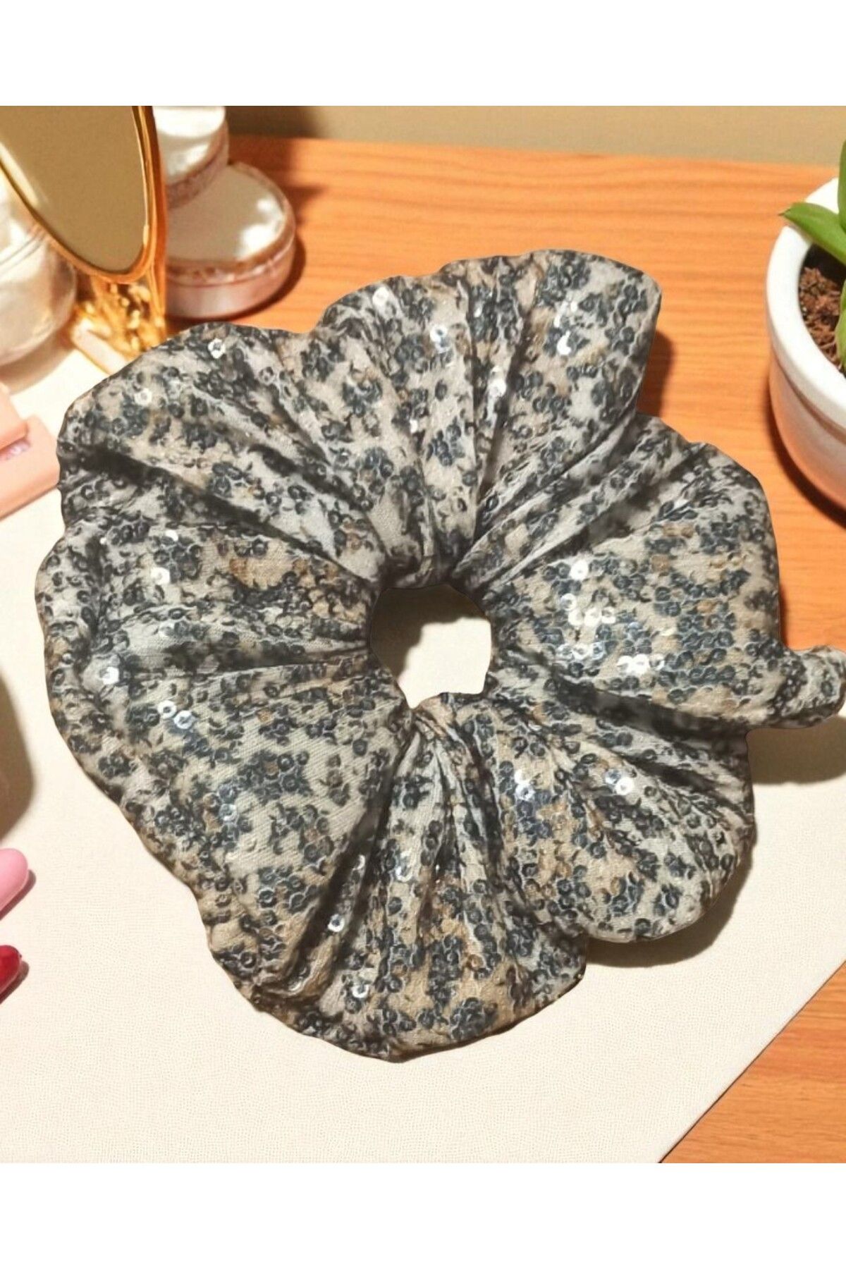 Melff-Women's Elastic Sequin Leopard Patterned Bagel Scrunchie Buckle 2