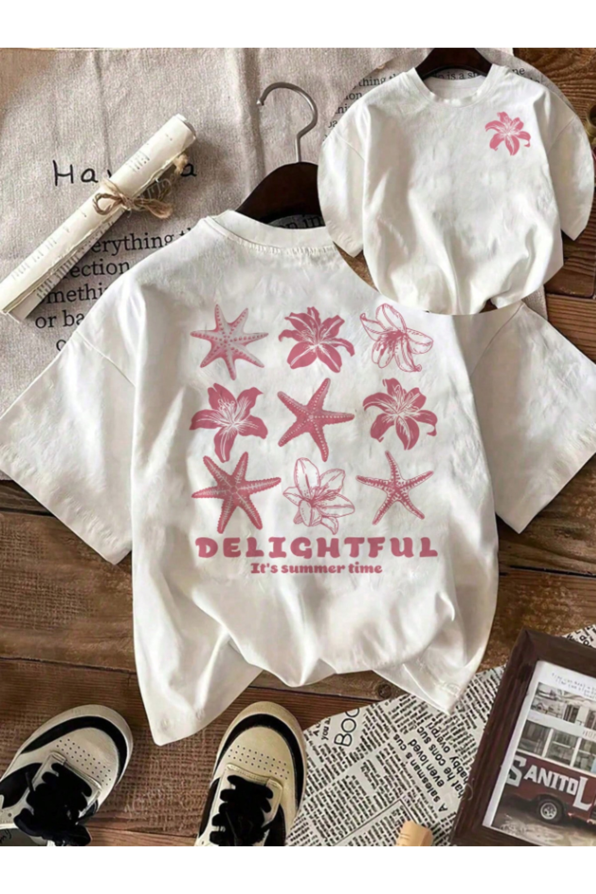 Framgan  Unisex Kadın DENİZ YILDIZI Baskılı Beyaz Pamuklu T-Shirt - Görsel 3