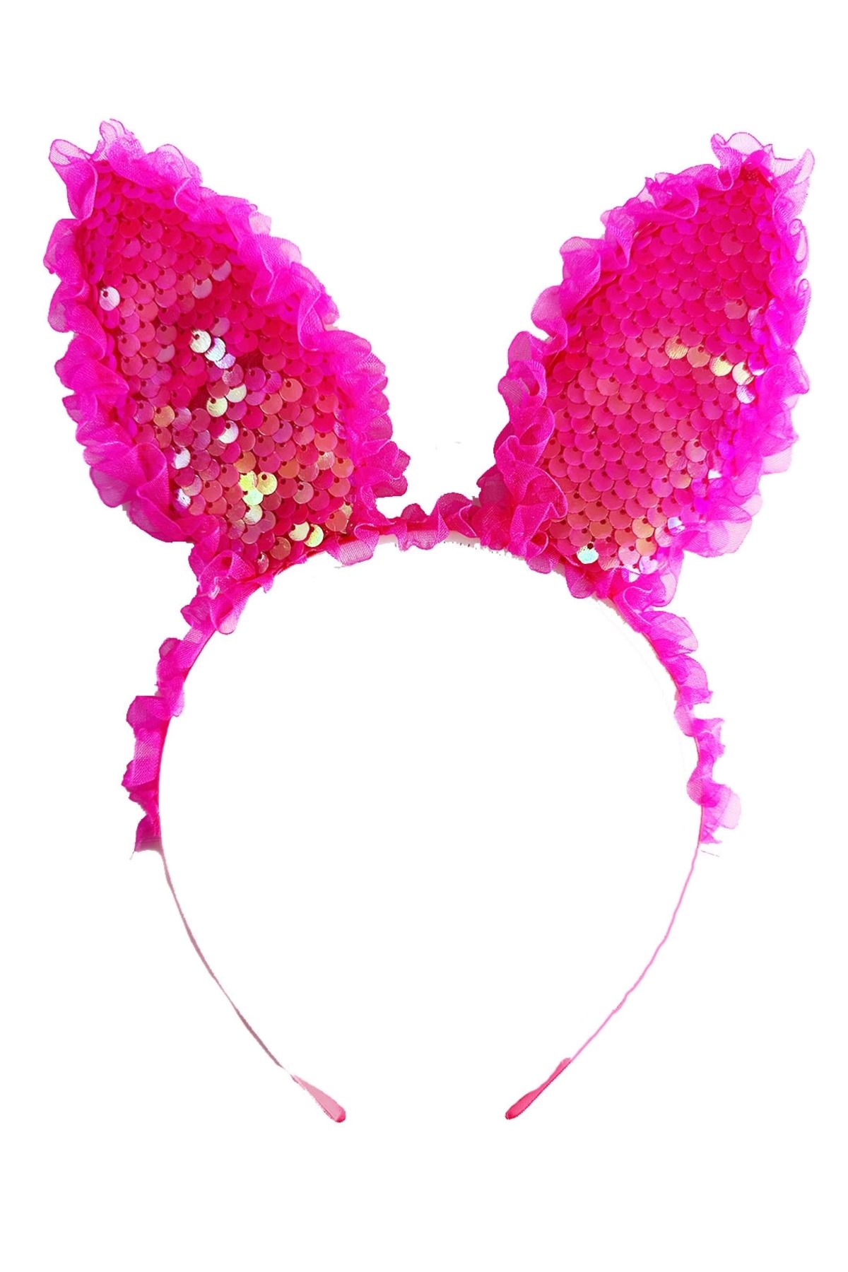 Kanonik Education-Fuchsia Sequined Led Lighted Rabbit Ear Crown with Lace Edges 23X19 cm 3