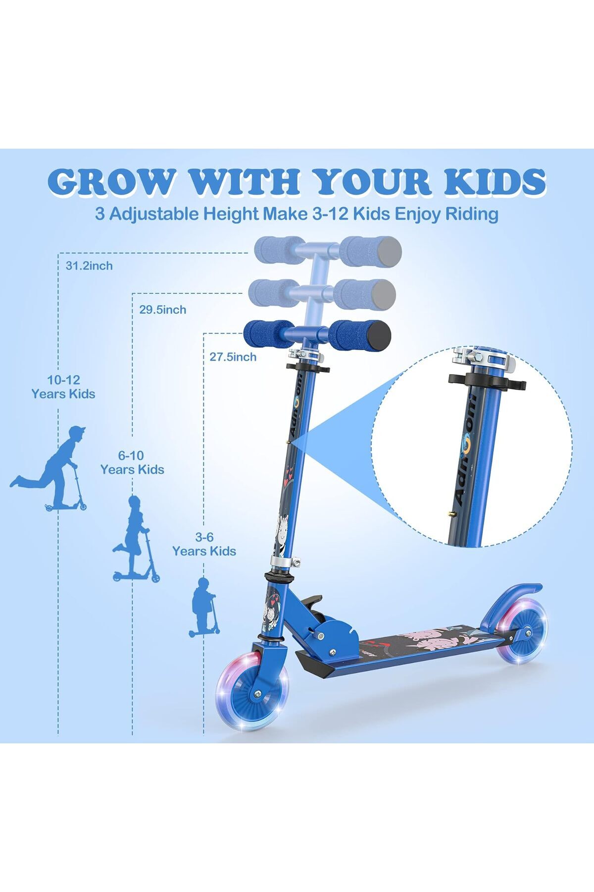 unbranded-Lightweight and Foldable Scooter for Kids with LED Wheels, Adjustable Heights, Blue Color, Suitable 3