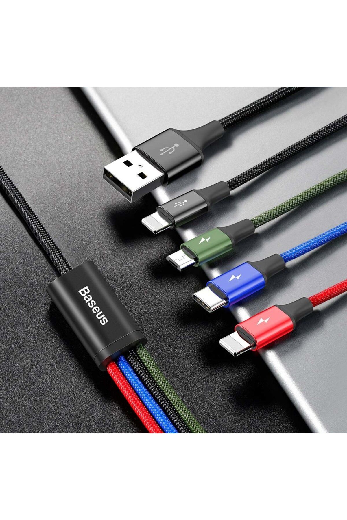 Baseus-Cablu USB 4 în 1 2 x iPhone Lightning USB-C microUSB Nylon Împletit 3.5A 1.2m Negru 8